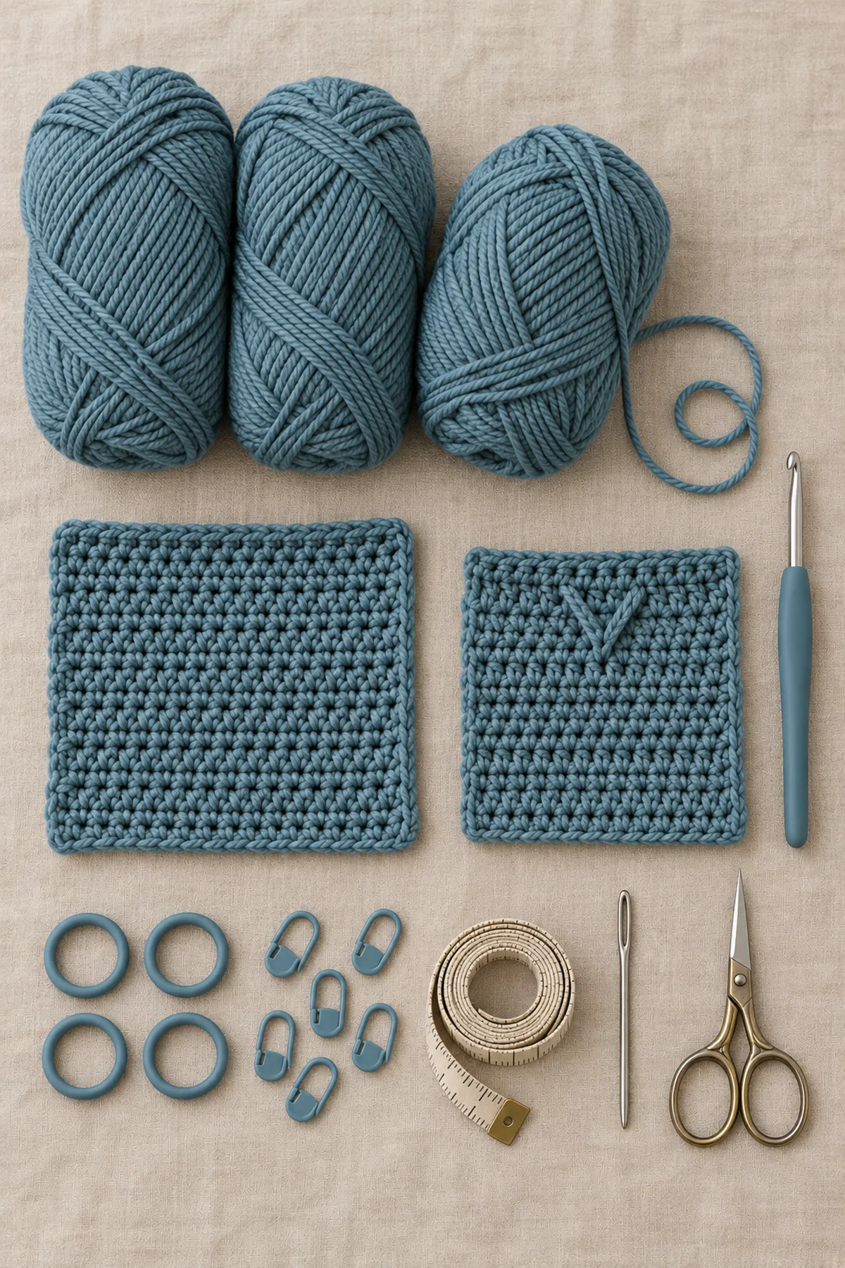 Moss-blue DK yarn, crochet hook, plain hdc swatch and small dc post-texture swatch, four holders, markers and measuring tape
