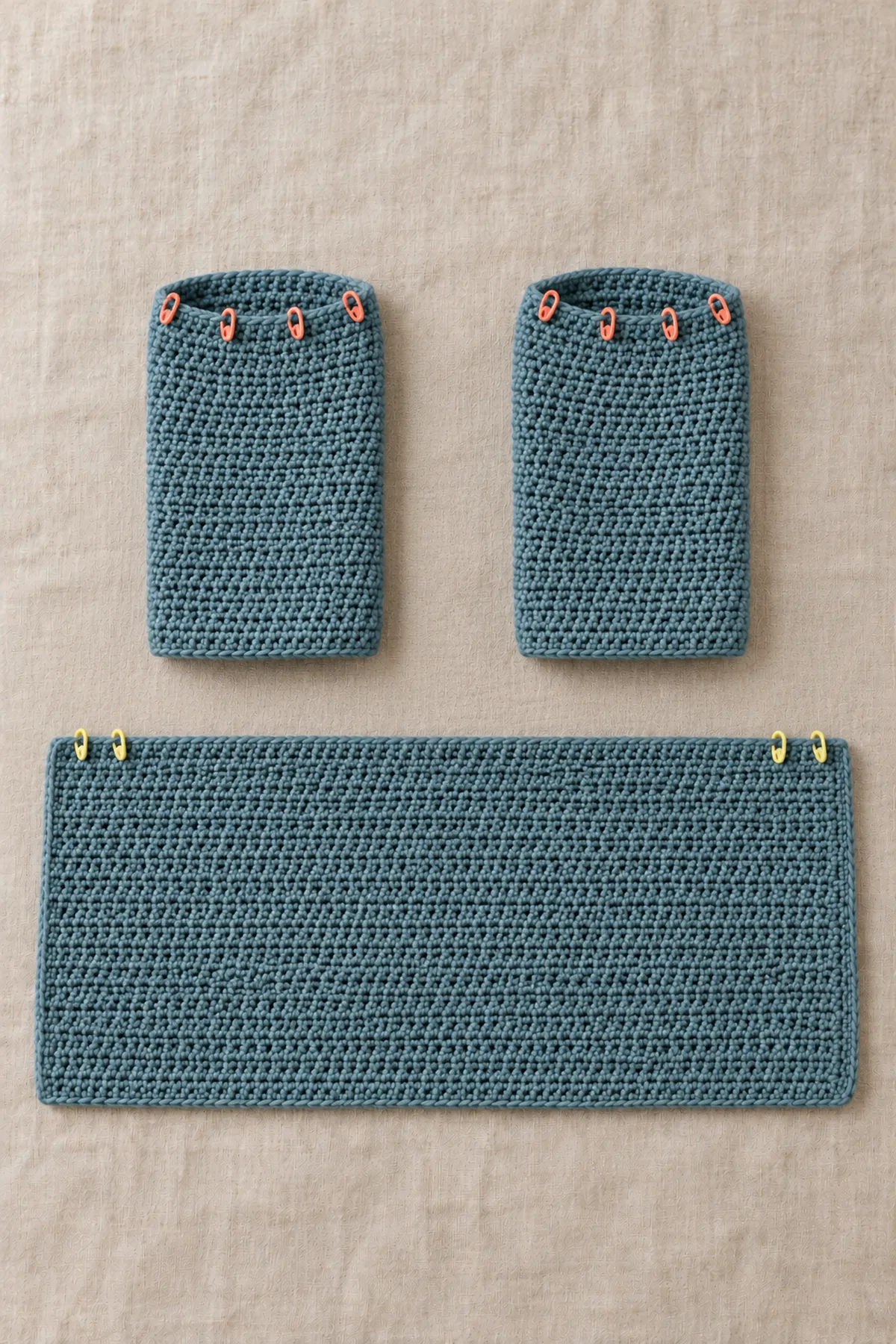 Separate moss-blue crochet lower body and two long sleeves with four-stitch underarm groups marked before bottom-up joining