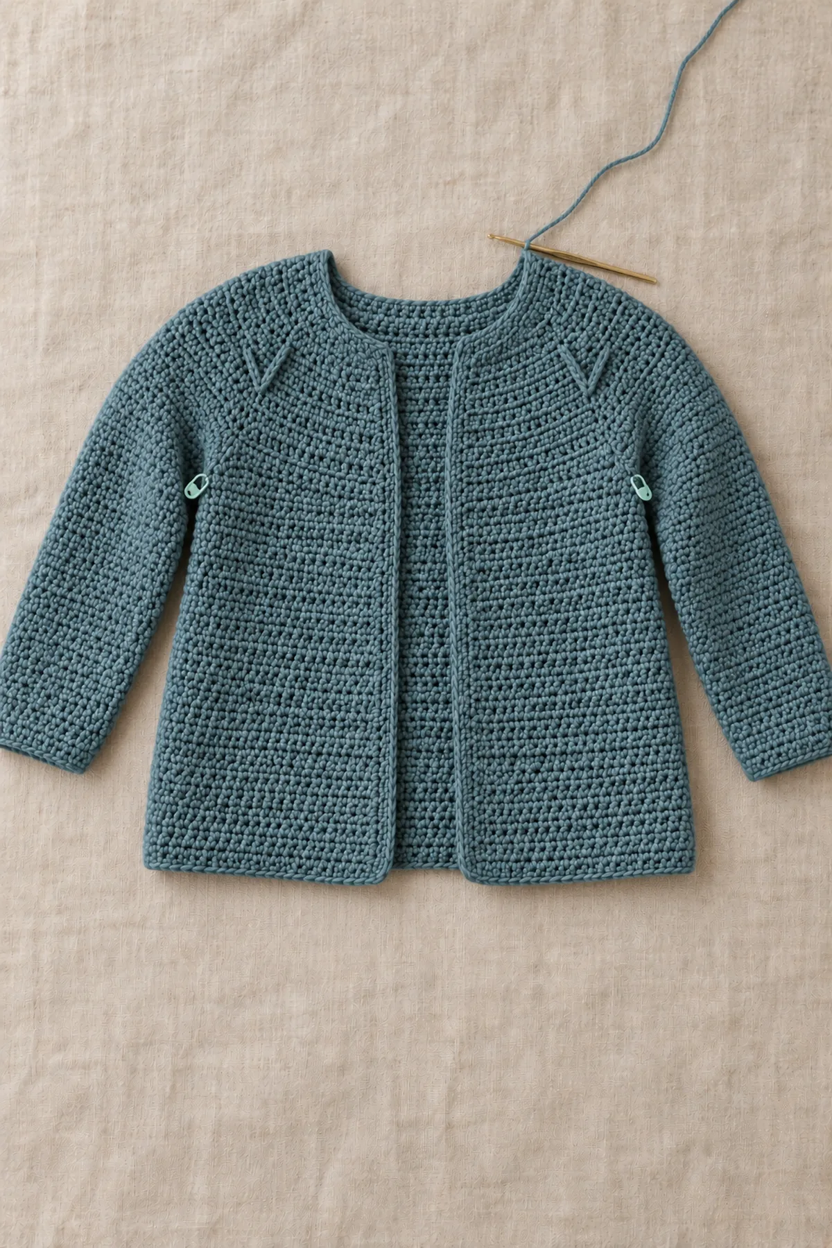 Moss-blue baby cardigan with body and two sleeves joined into an unfinished decreasing round yoke, mirrored low-profile post chevrons beginning above shoulders