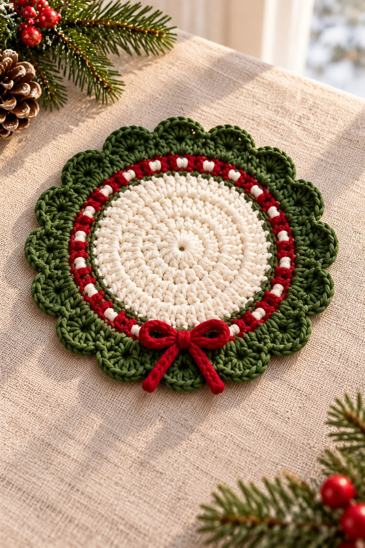 Macro view of one finished ivory-center coaster with cranberry 20-eyelet ring, 10 forest-green five-dc scallops and a tiny fully sewn cranberry yarn bow at one outer edge; emphasize cotton stitch texture and flat mug center.
