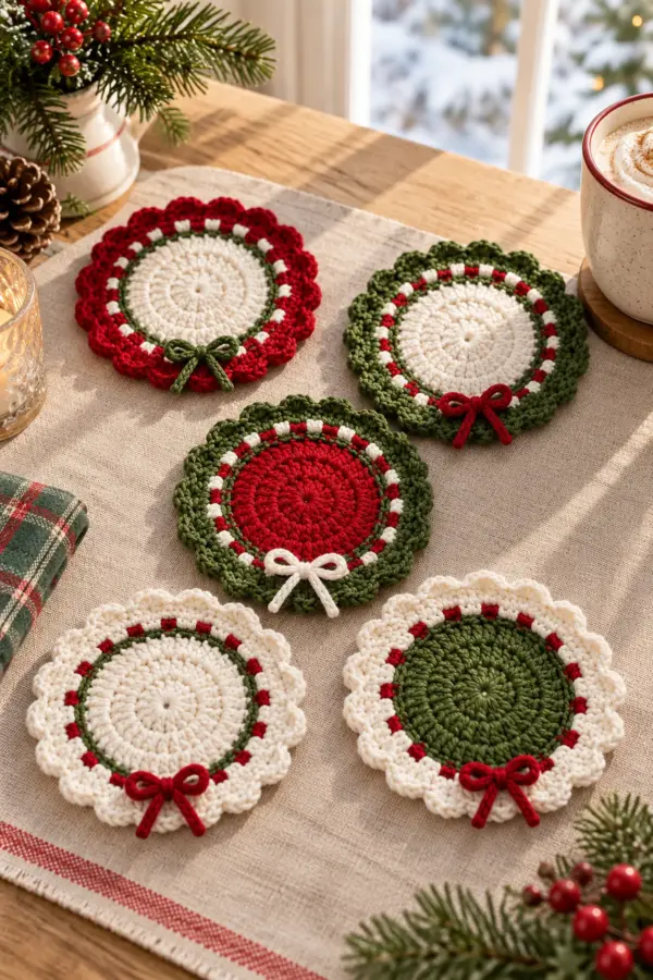 Five matching round cotton Christmas mug coasters, ivory cranberry red and forest green, eyelet rings, ten scallops, tiny sewn edge bows, flat smooth centers; original styled product photo, not source-image copy.