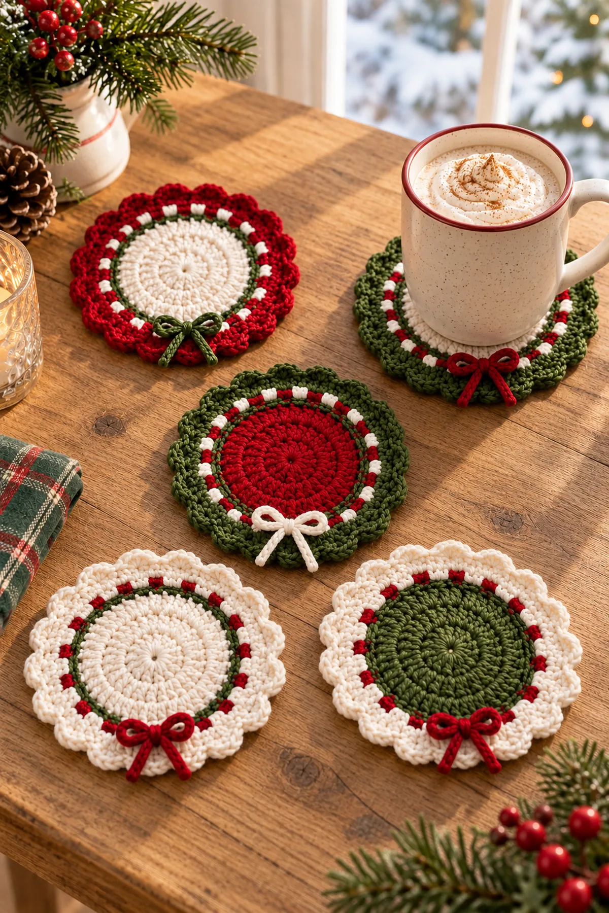 The same exact five red green ivory scalloped crochet coasters arranged on a warm Christmas table beside ceramic mugs, evergreen boughs and soft daylight; product-led, no people or text.