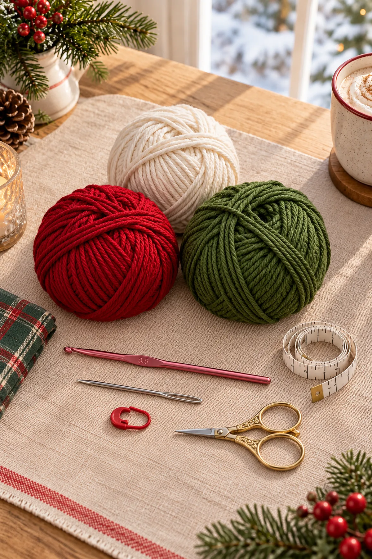 Supplies-only flat lay: three balls of 100% cotton in ivory, cranberry and forest green, 3.5 mm hook, blunt needle, marker, scissors and measuring tape. No completed coaster.