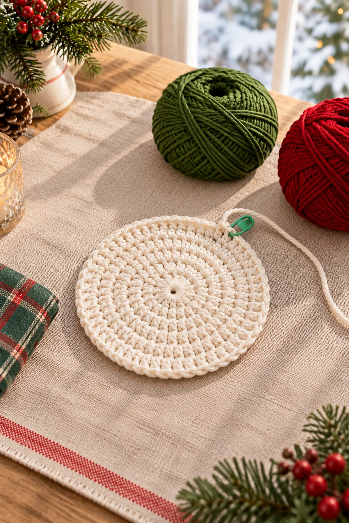 One partly completed flat ivory single-crochet circular coaster center after ten rounds, showing even radial increases and stitch markers, red and green cotton nearby; no eyelet, scallop or bow yet.