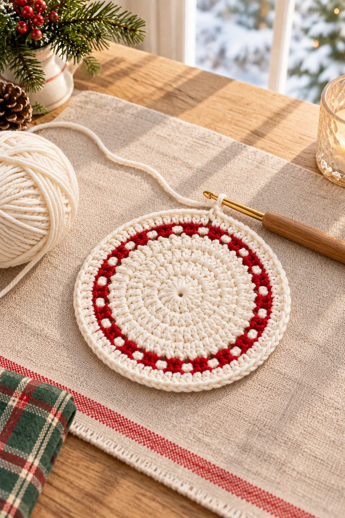 Same coaster identity at eyelet and stabilizing stages: ivory flat center, precise cranberry ch-1 eyelet ring and ivory sc stabilizing round; unfinished straight edge, no scallops or bow yet.