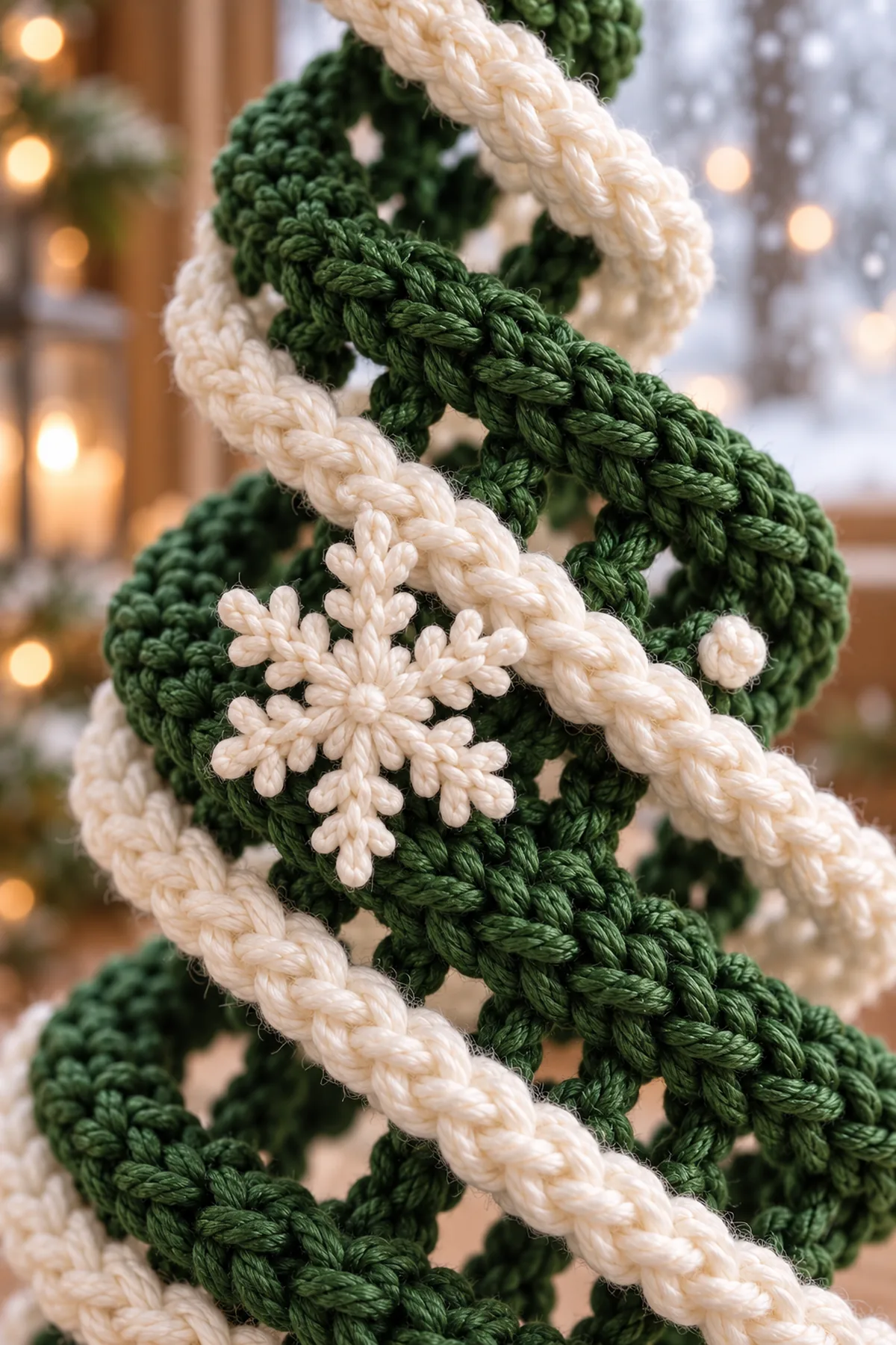 Macro detail of the finished forest-green crochet ribbon and raised ivory edge, one sewn white six-ray snowflake and an unobtrusive covered cord tack. Show textile structure clearly; no exposed wire.
