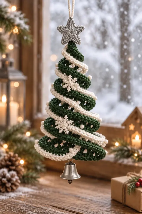 One forest-green open six-turn spiral crochet Christmas tree ornament with a continuous ivory snow-garland edge, silver five-point star and hanging loop on top, three small white snowflakes on different turns and a small silver bell below, suspended by a winter window. Original photograph without text.