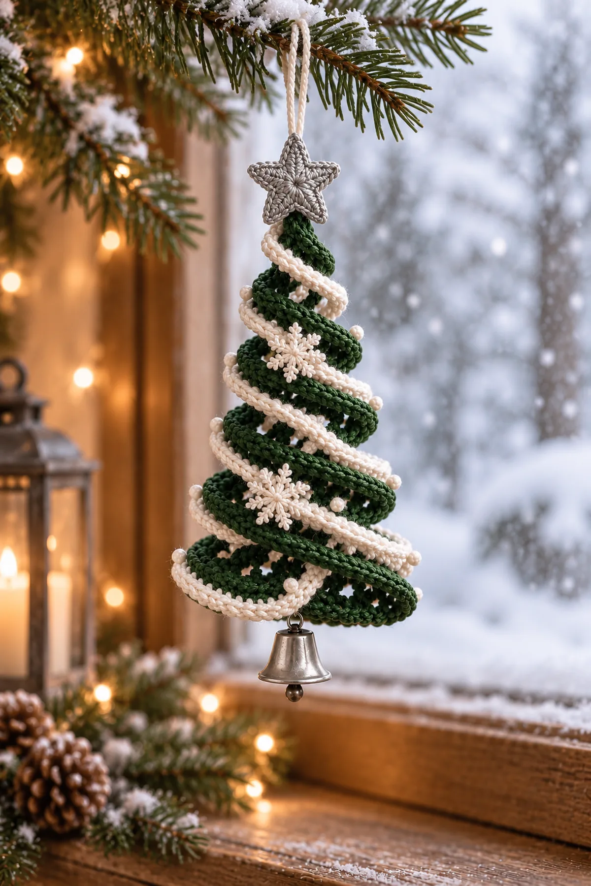 Same completed six-turn green spiral tree with ivory garland, silver star, three white snowflakes and a small silver bell, hanging in front of a softly snowy window with warm festive bokeh. No text.