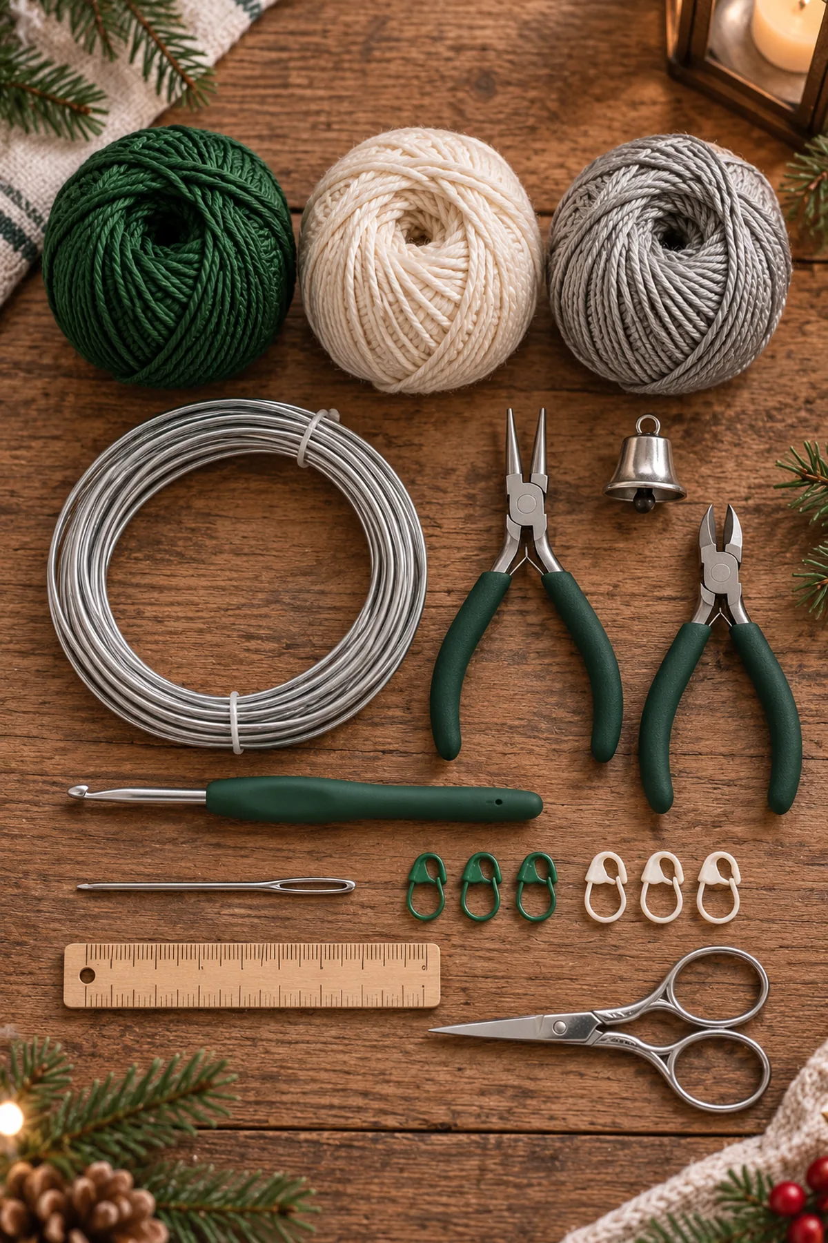 Supplies-only flat lay: forest-green, ivory and silver-gray DK cotton, 3.5 mm hook, coated craft wire, rounded pliers, tapestry needle, six markers, scissors, ruler and an optional small silver bell. No completed ornament.