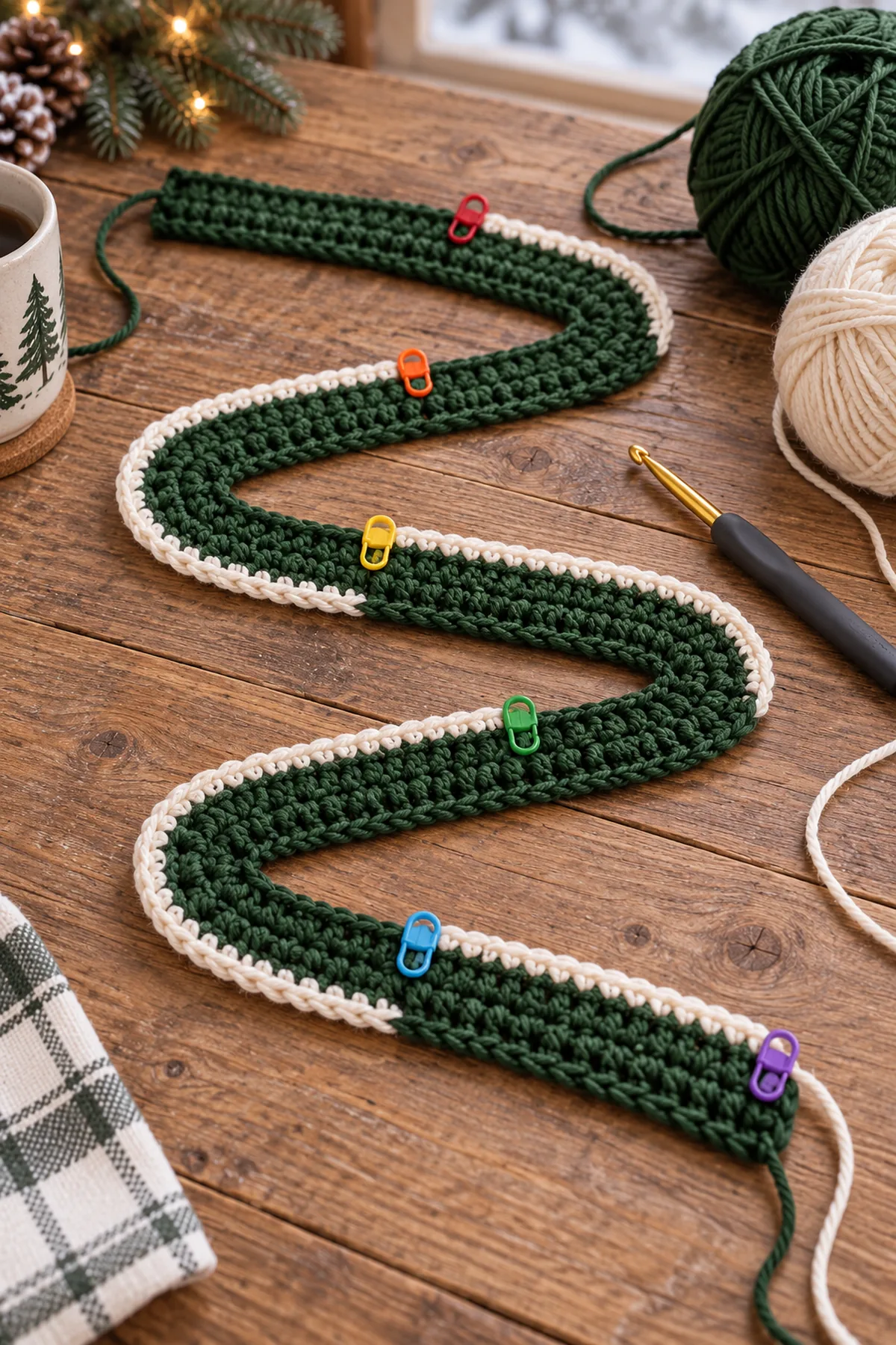 Unassembled long green four-row crochet ribbon with an ivory edge, six stitch-count segment markers and yarn attached, laid flat; no tree winding yet.