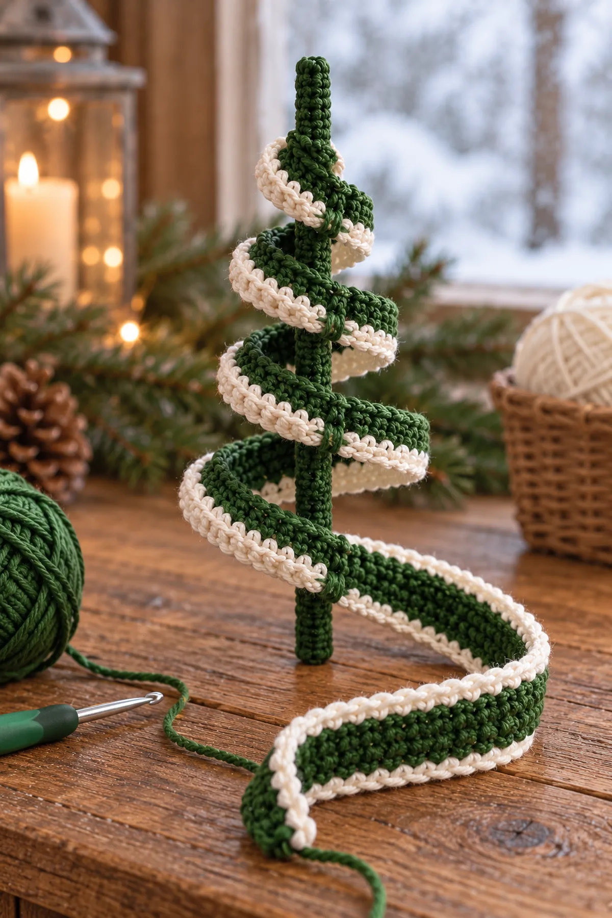 Green and ivory ribbon being wound in increasing open turns around a green center cord; concealed support wire and neat green tacks visible only on underside; no star or bell yet.