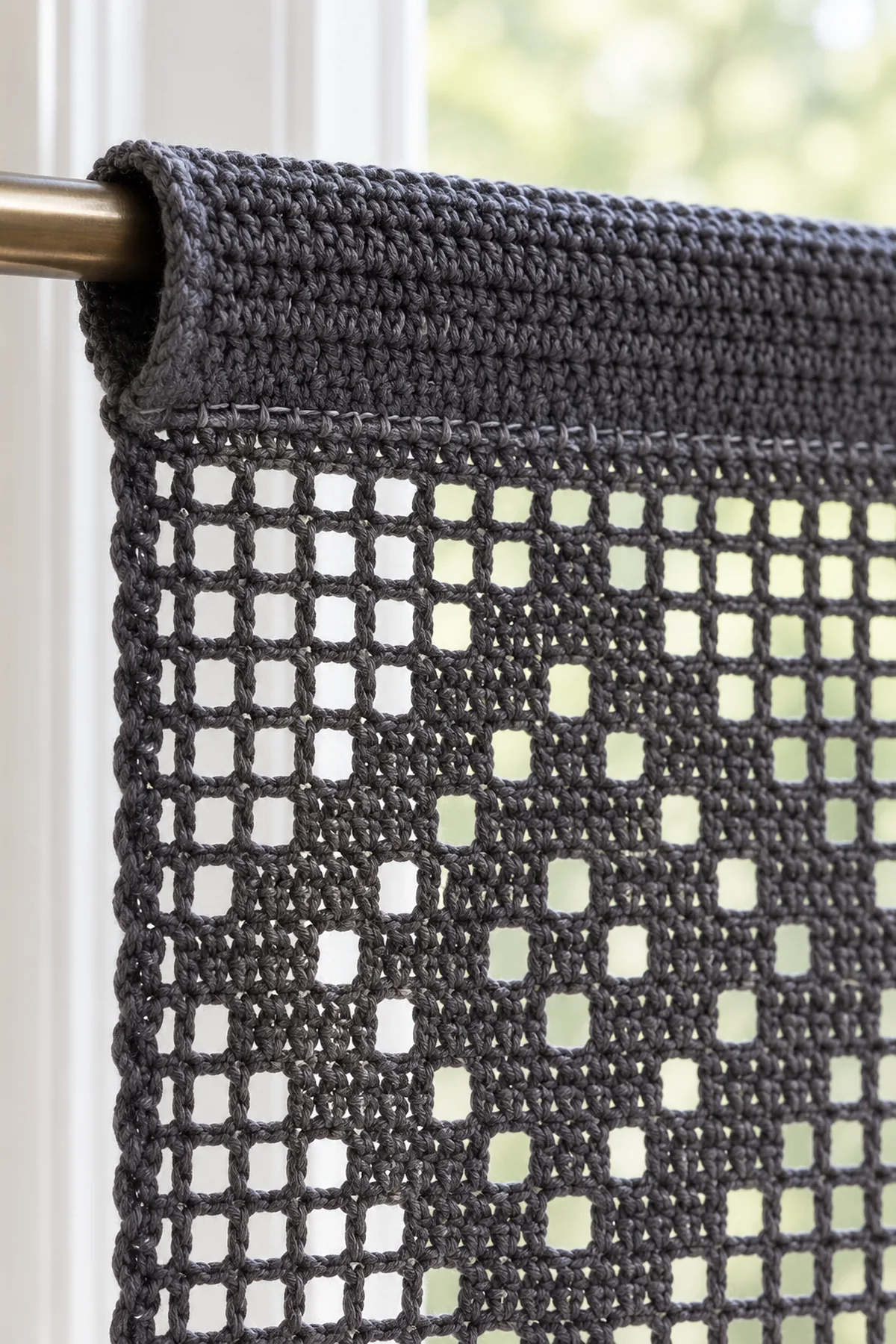 Close-up reverse side of charcoal crochet valance showing solid top header folded into an open rod tunnel, matching foundation edge whipstitched to mesh junction, slim rod partially inserted into one open short end, airy mesh visible below