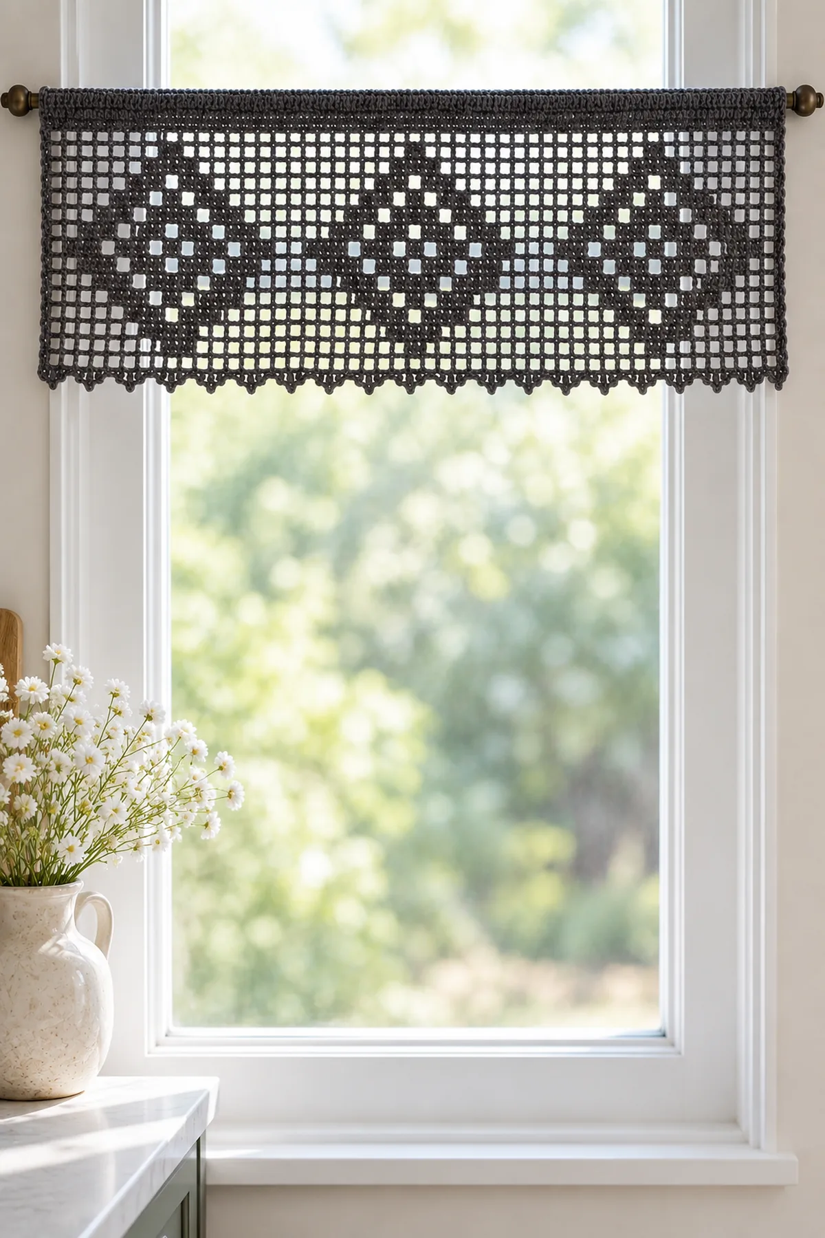 Same three-diamond charcoal crochet filet valance hanging across upper part of a narrow bright window, solid rod casing and delicate pointed bottom edge, pale neutral wall, no dangling cords, people, heat sources or extra crochet motifs