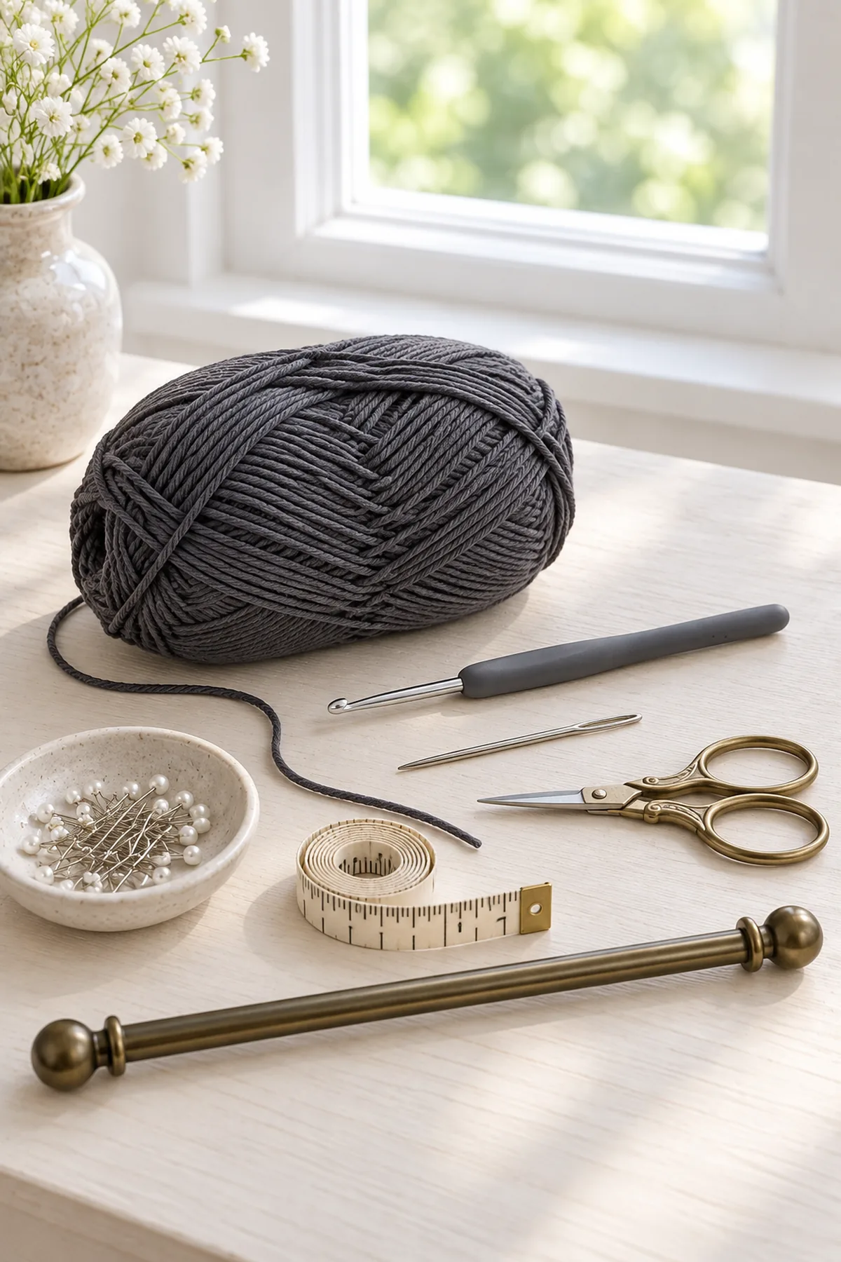 Charcoal sport cotton, 3 mm crochet hook, needle, scissors, tape, blocking pins and short slim plain curtain rod on pale table; supplies only, no crochet panel