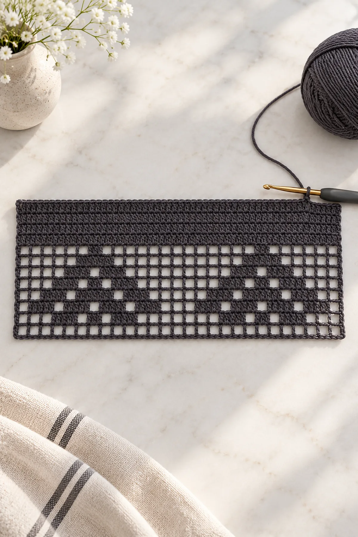 Flat charcoal crochet rectangle in progress: six solid double-crochet header rows and first few rows of open filet grid with beginning stepped diamond motifs, hook at working edge, unfolded header, no rod or picot edge
