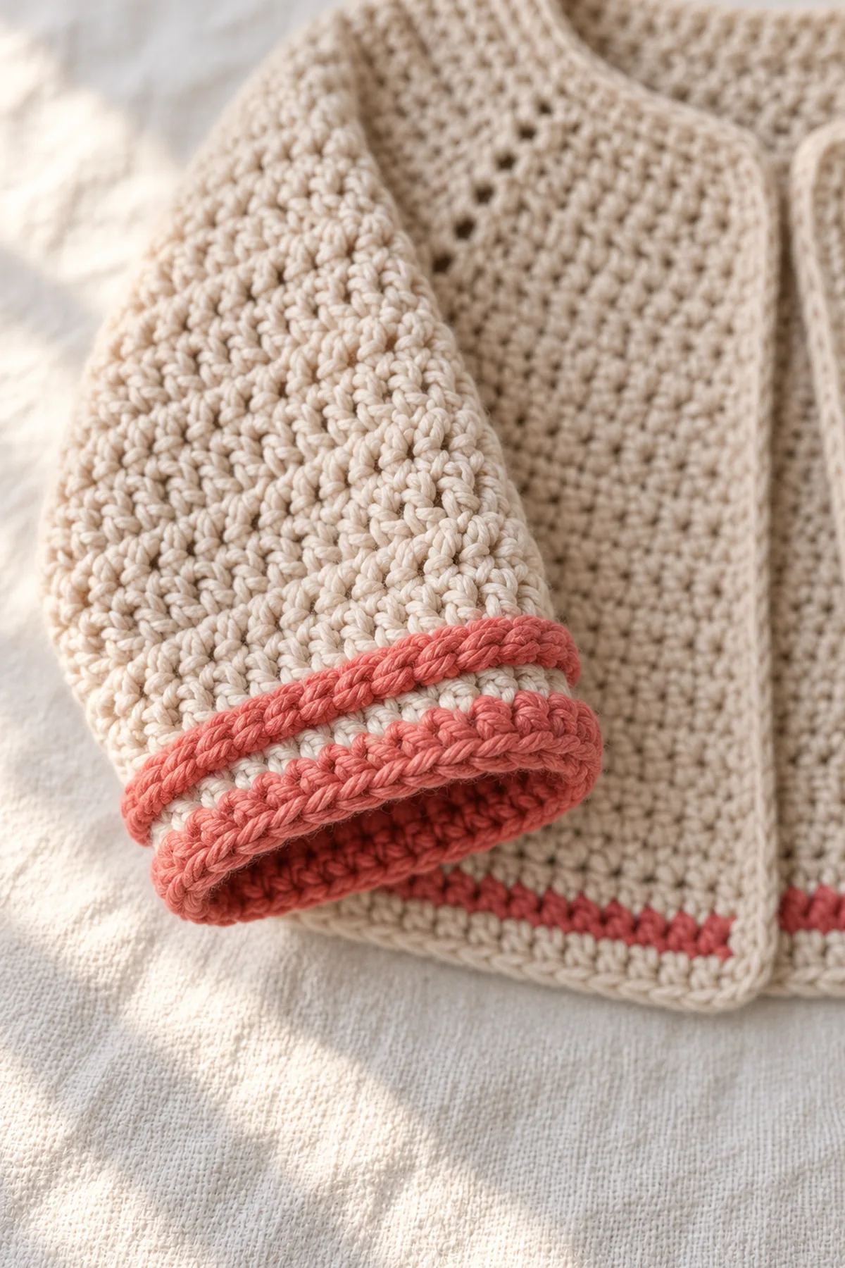 Close-up of a soft coral two-round sleeve-tip band rolling gently outward at the cuff edge, with oat hdc above and no tight gathers.