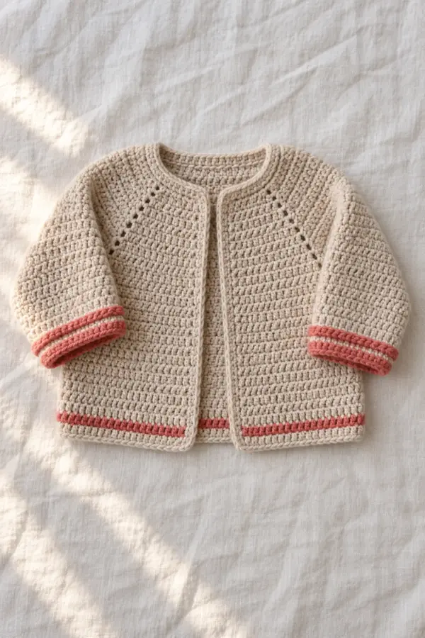 Pale oat open baby cardigan worked top-down with smooth rounded yoke, two narrow coral rolled cuff bands and matching slim hem stripe, no buttons or hood, whole flat-lay.