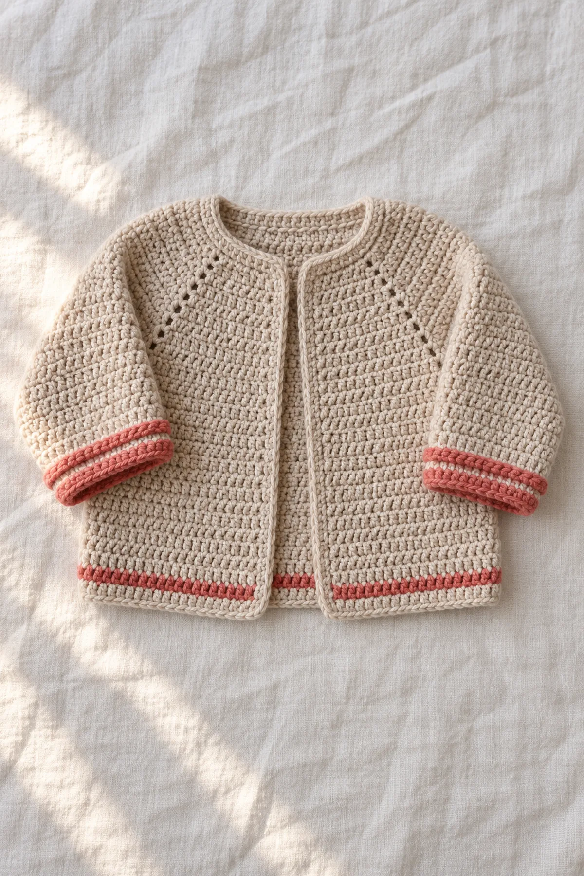 Pale oat open baby cardigan worked top-down with smooth rounded yoke, two narrow coral rolled cuff bands and matching slim hem stripe, no buttons or hood, whole flat-lay.