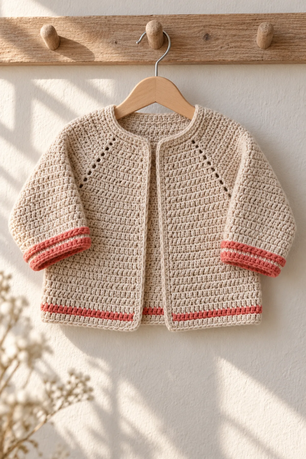 Finished pale oat top-down baby cardigan with narrow coral rolled cuffs and hem stripe on small wooden hanger in natural daylight, no baby, buttons or accessories.