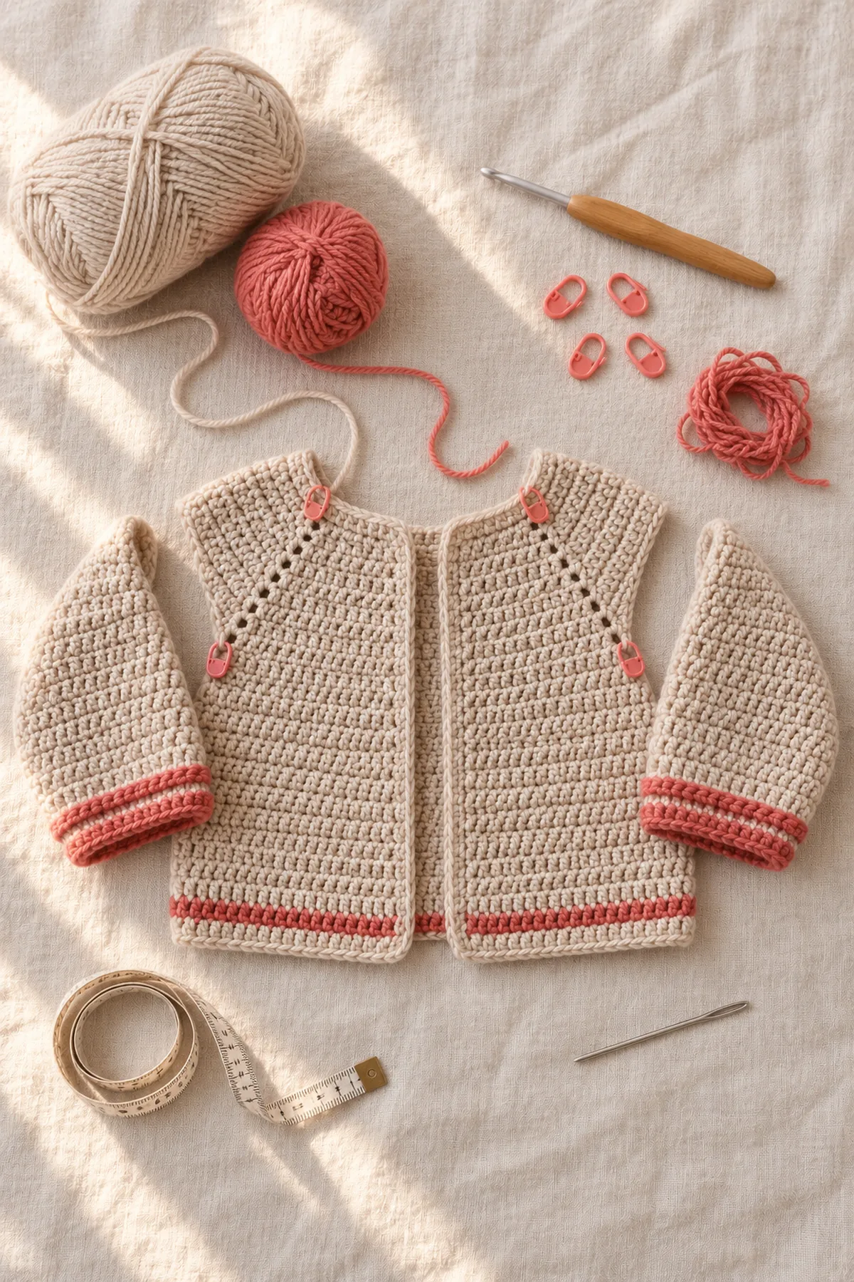 Oat and coral washable DK yarn, hook, four markers, waste yarn, tape measure and needle on warm linen; no finished garment.