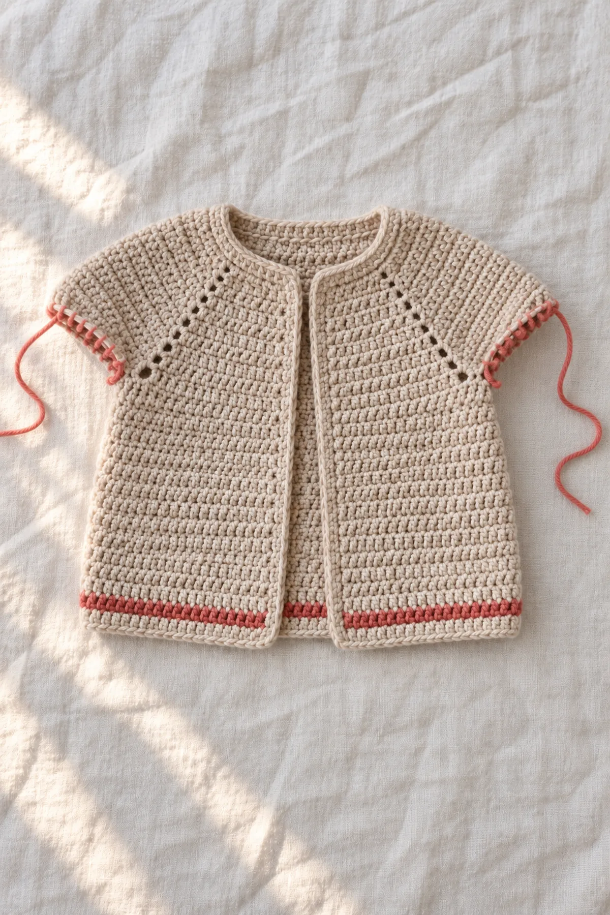 Partly worked oat yoke with two sleeve stitch groups held on waste yarn and a straight body extending below the underarm chains; no cuffs yet.