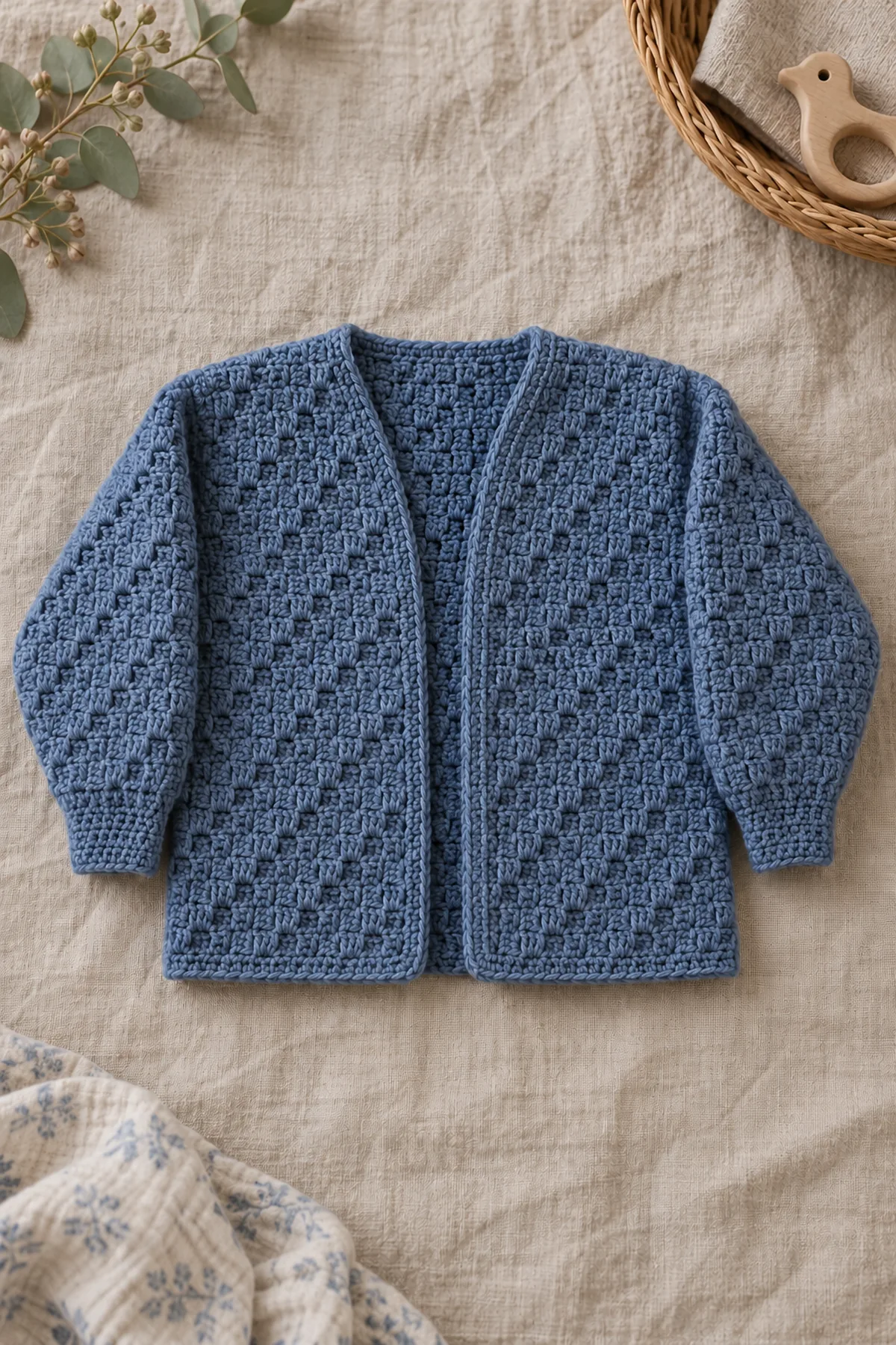 Completed denim C2C block-stitch baby cardigan flat on linen with open front, long sleeves and short plain tapered cuffs, no child