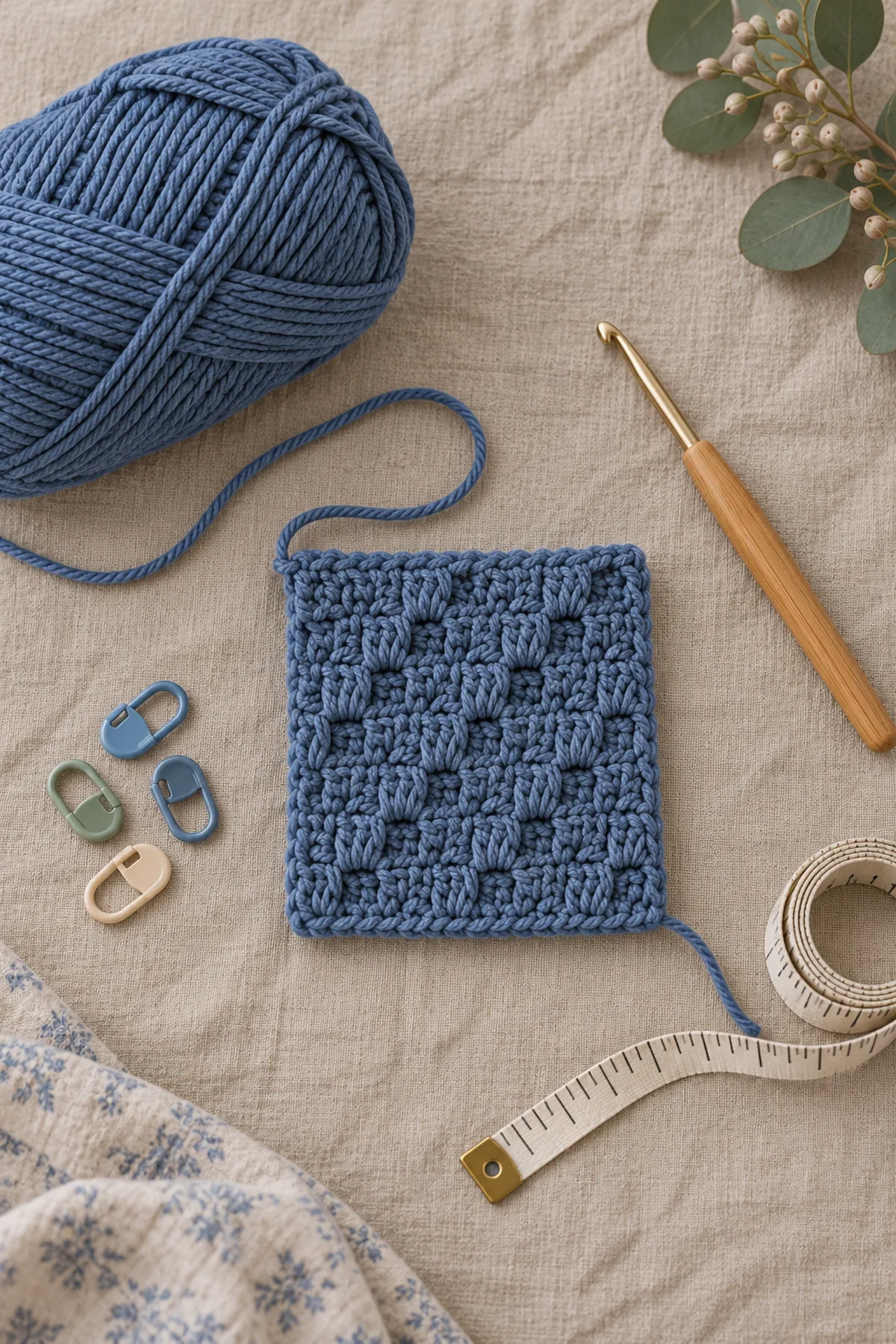 Denim DK yarn, hook, a small square C2C block swatch, markers and measuring tape