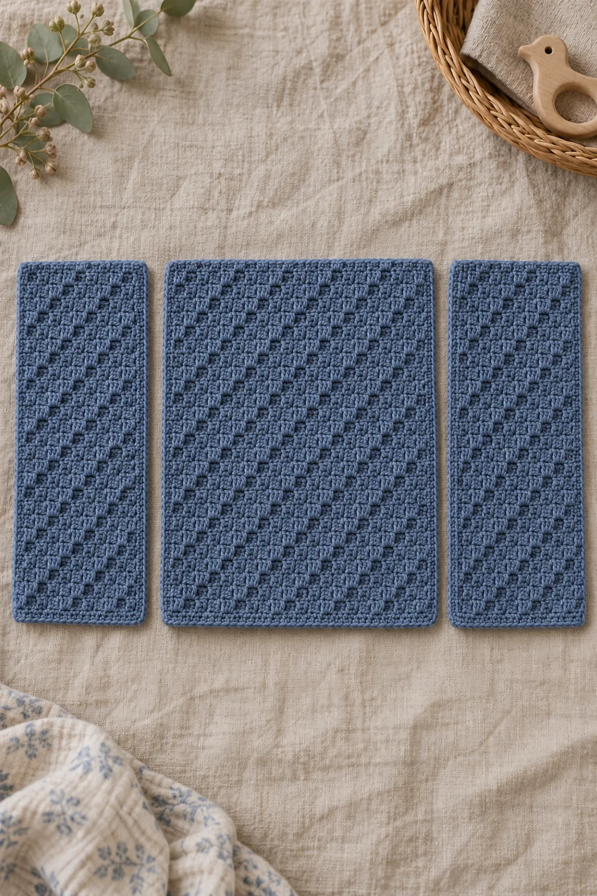 Three separate denim corner-to-corner body rectangles, one wide back and two equal narrow fronts, with diagonal block texture