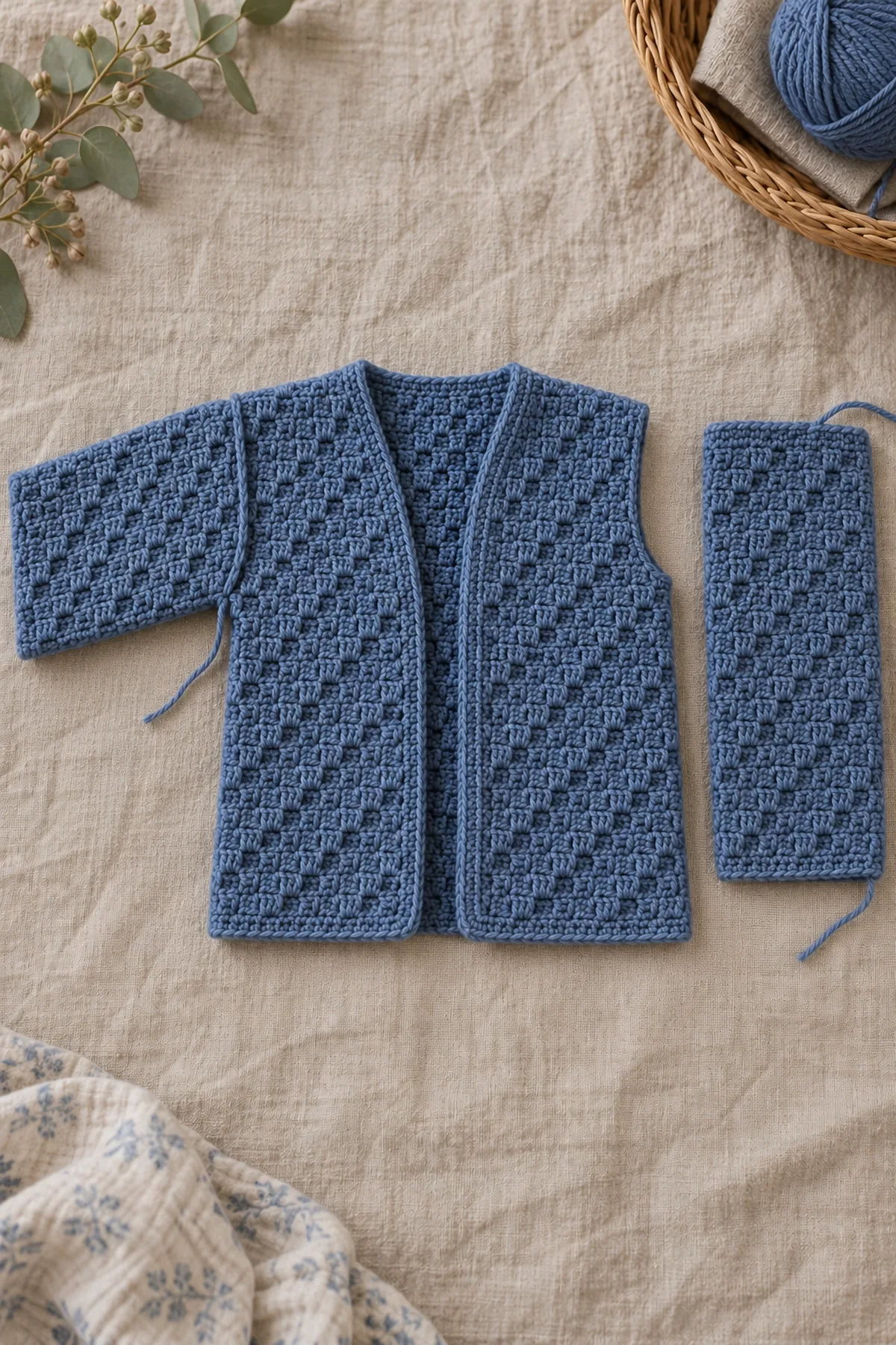 Denim C2C cardigan body beside two rectangular C2C sleeves, one sleeve basted into its counted armhole before adding narrowing wrist cuffs
