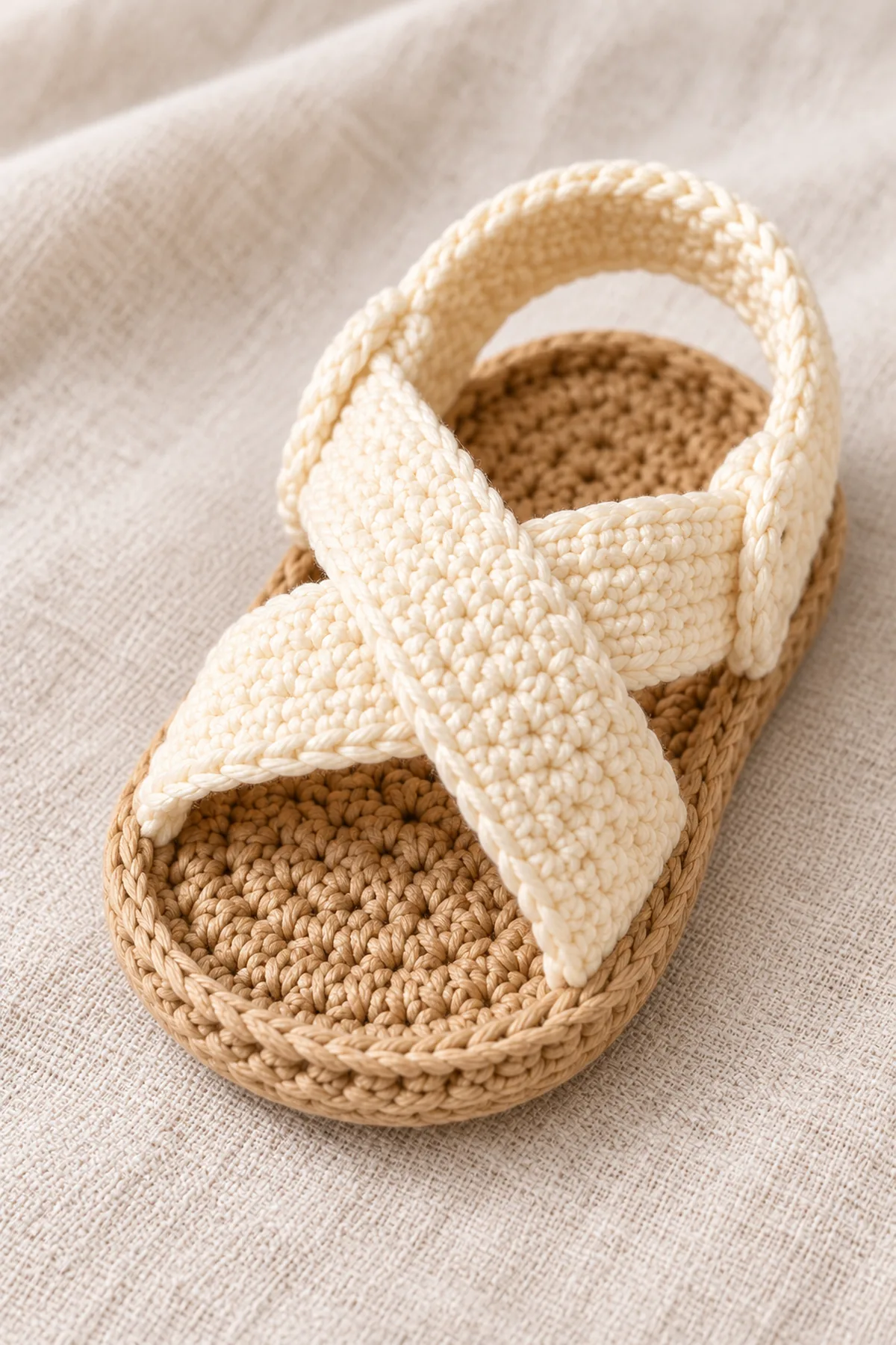 Close detail of tan oval sandal sole and two broad cream crochet bands crossing in X, clean sewn side anchors and open toe.