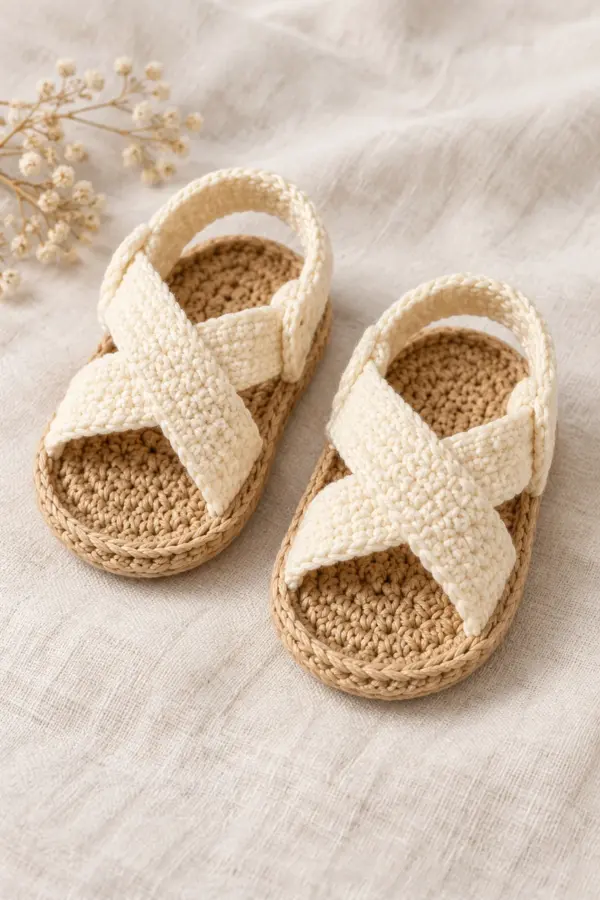 Baby sandals with tan oval soles, two broad cream bands crossing in an X over each open forefoot, and one cream rear heel strap. Smooth cotton, low tan sole border and no front toe cap. Preserve the cream/tan palette and crossed-strap silhouette of the reference. Finished items only. Original product photograph composition; no copied reference text or layout.