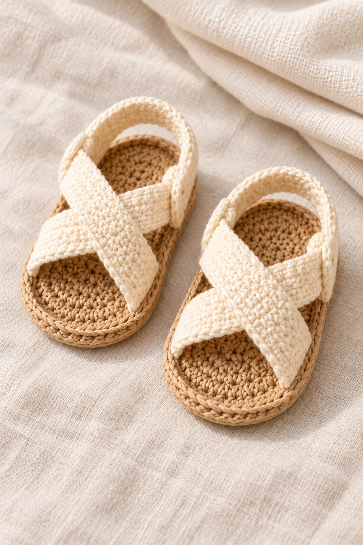 Baby sandals with tan oval soles, two broad cream bands crossing in an X over each open forefoot, and one cream rear heel strap. Smooth cotton, low tan sole border and no front toe cap. Preserve the cream/tan palette and crossed-strap silhouette of the reference. Finished set arranged on pale linen beside a small folded cotton cloth, soft daylight; no people and no text.