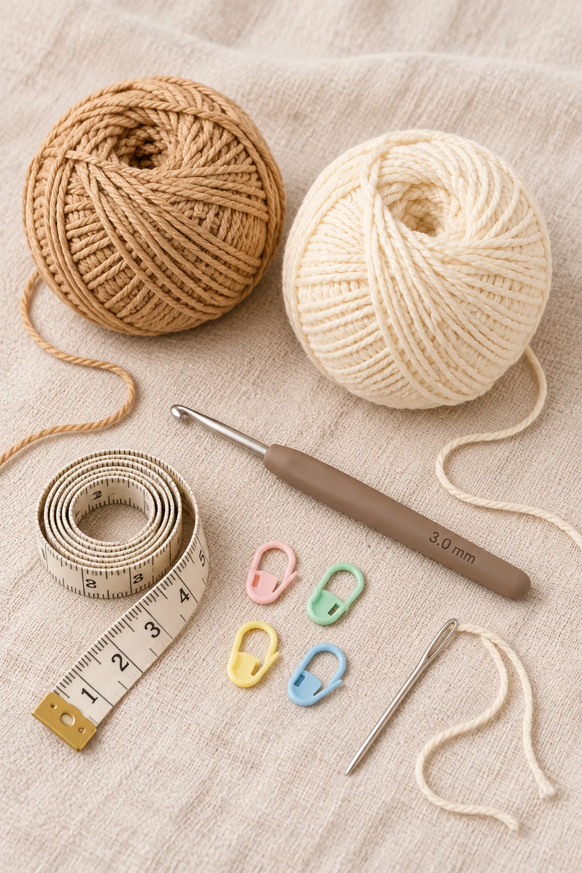 Supplies-only flat lay: Planning allowance: 35 m tan and 45 m cream DK cotton plus swatch yarn; no buttons; 3 mm crochet hook, four locking markers, blunt yarn needle, tape measure and scissors; Strong matching sewing thread and sewing needle for reinforced strap attachments. No completed or partial crochet project.