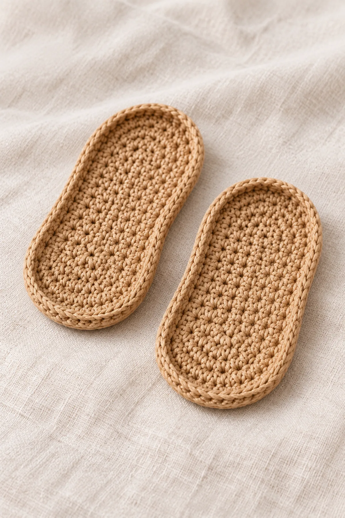 Two tan oval crochet soles with low tan borders, no cream straps attached; cream yarn ball and marker beside them.