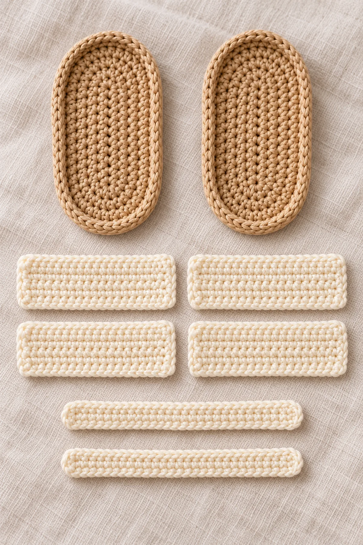 Two tan sandal soles beside exactly four separate broad cream rectangular crossover bands and two separate narrower long cream heel straps; layout before sewing, no bands attached.