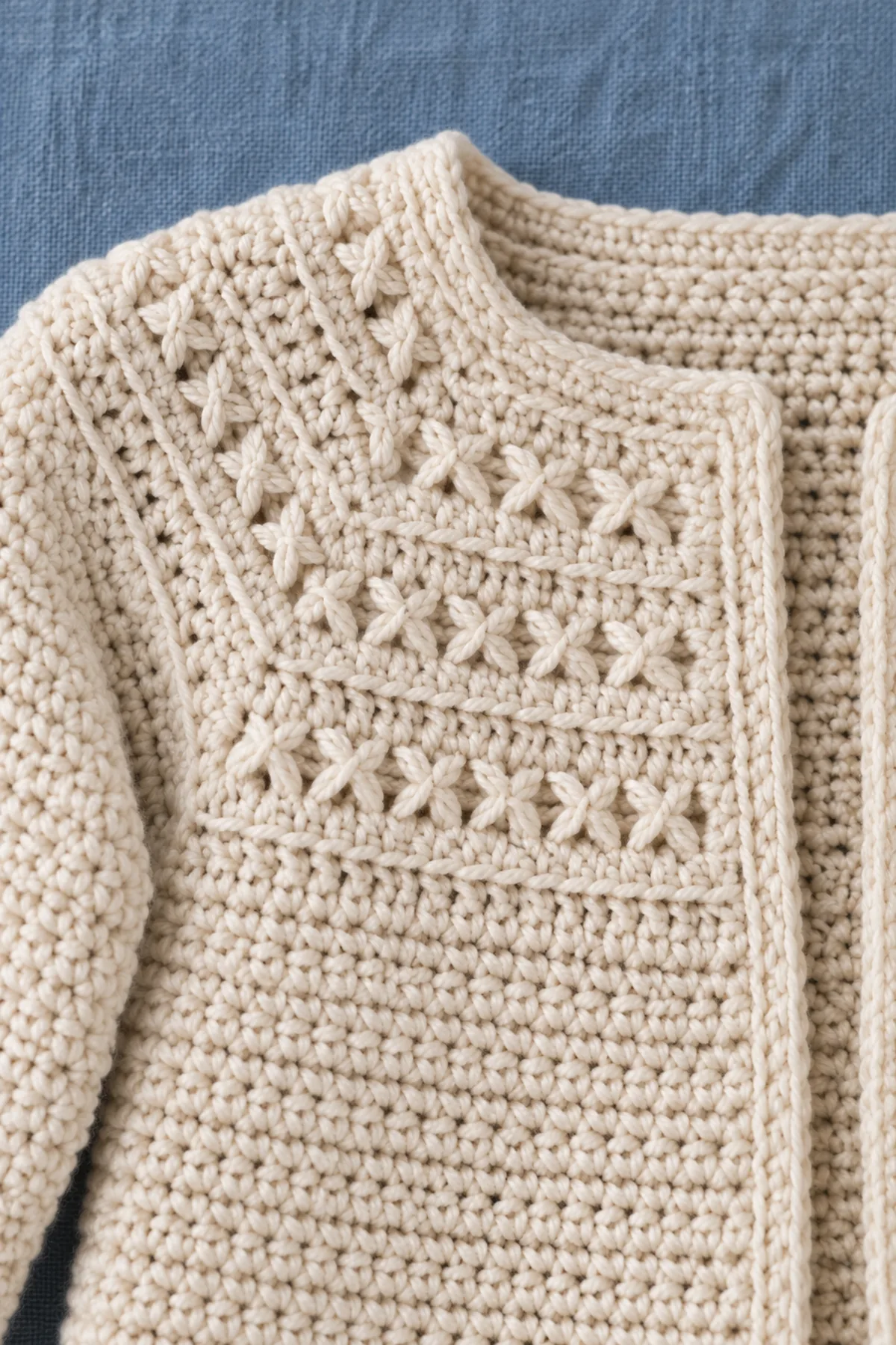 Macro close-up of compact ivory crossed-double-crochet X pairs between solid crochet rows, with two plain edge stitches beside a yoke corner