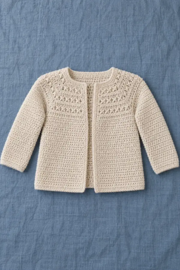 Warm ivory open-front crochet baby cardigan with compact crossed-double-crochet X trellis bands on a rectangular yoke, plain opaque body and long sleeves