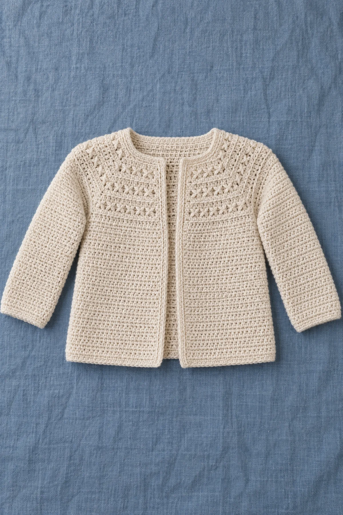 Warm ivory open-front crochet baby cardigan with compact crossed-double-crochet X trellis bands on a rectangular yoke, plain opaque body and long sleeves