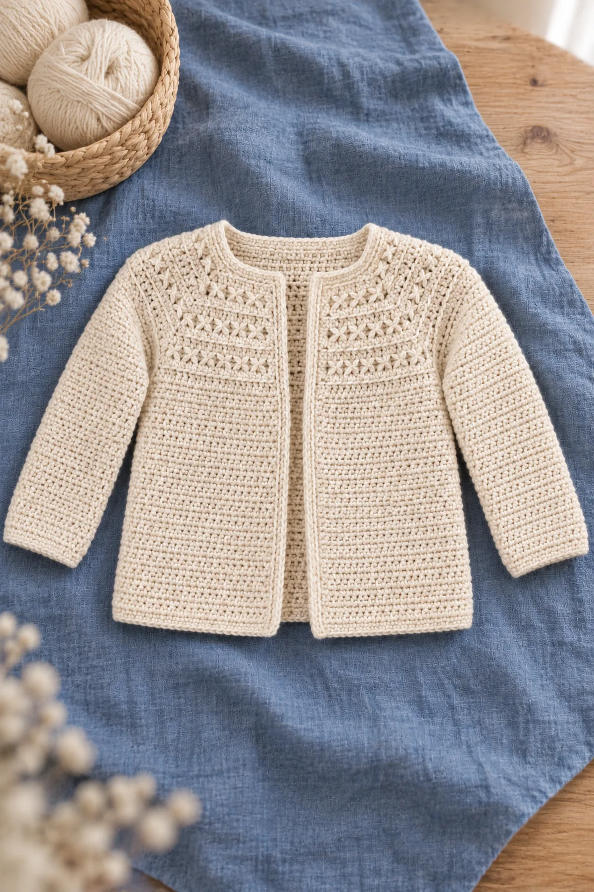 Finished ivory Cross-Stitch Trellis-Yoke baby cardigan arranged flat on muted blue linen, open front and plain long sleeves, no child