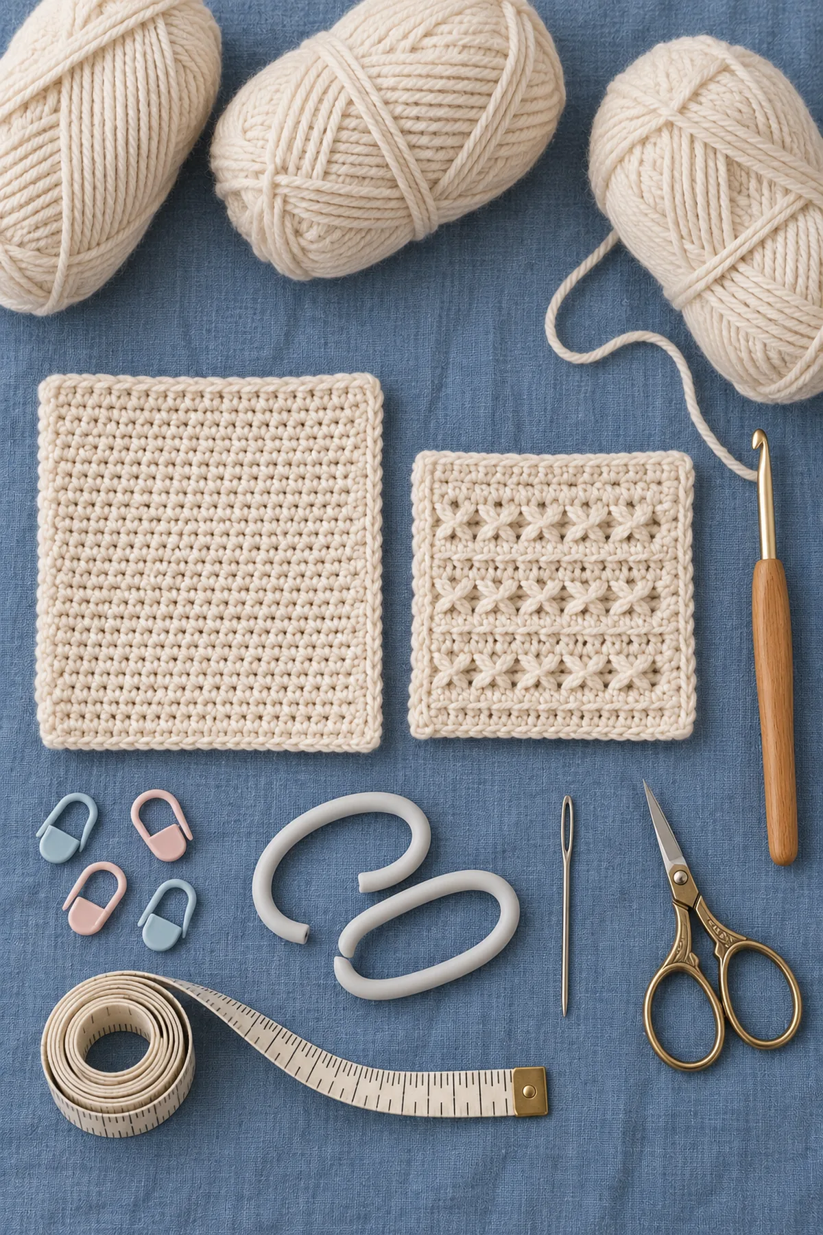 Warm ivory DK yarn,4 mm hook, compact crossed-dc and plain hdc swatches, corner markers, measuring tape and yarn needle