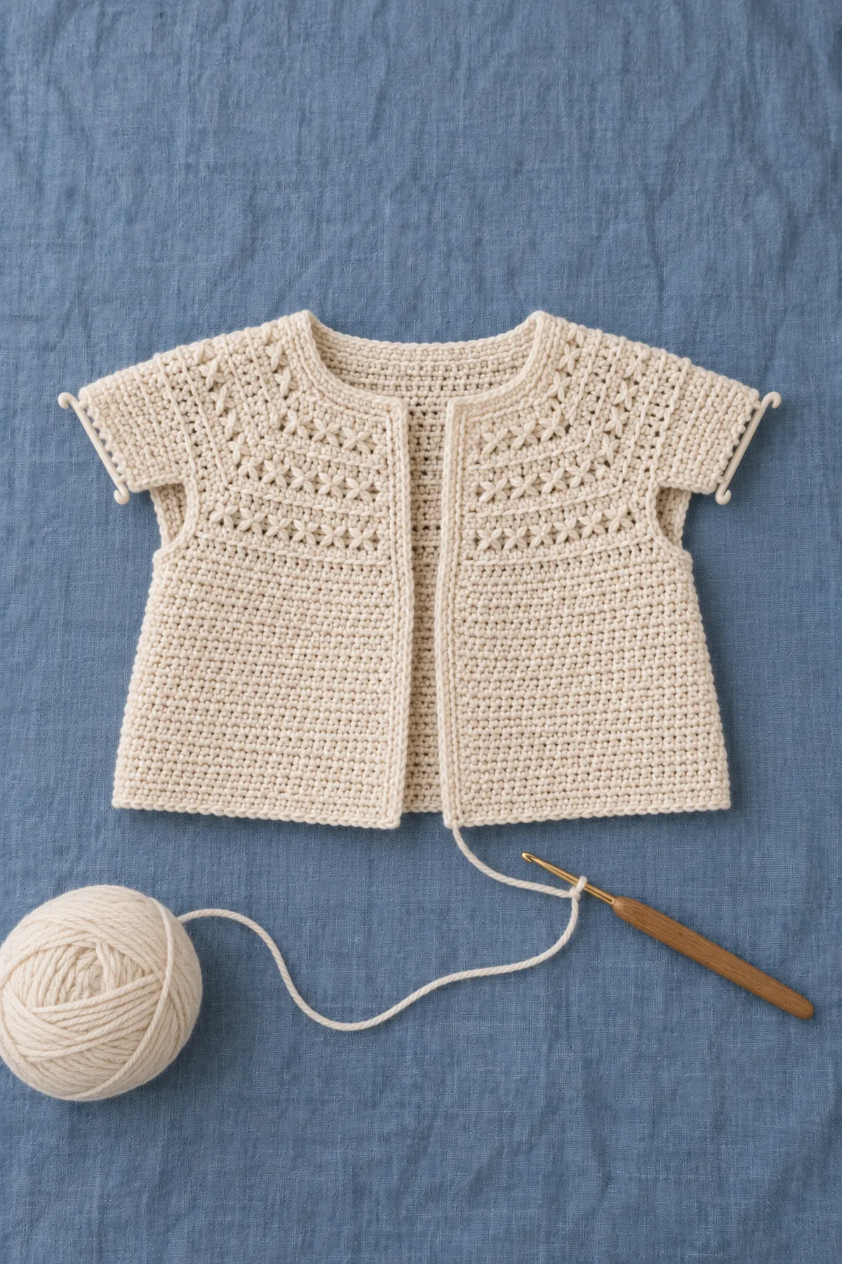 Ivory trellis-yoke cardigan with sleeve sections held and solid lower body in progress below two short underarm bridges