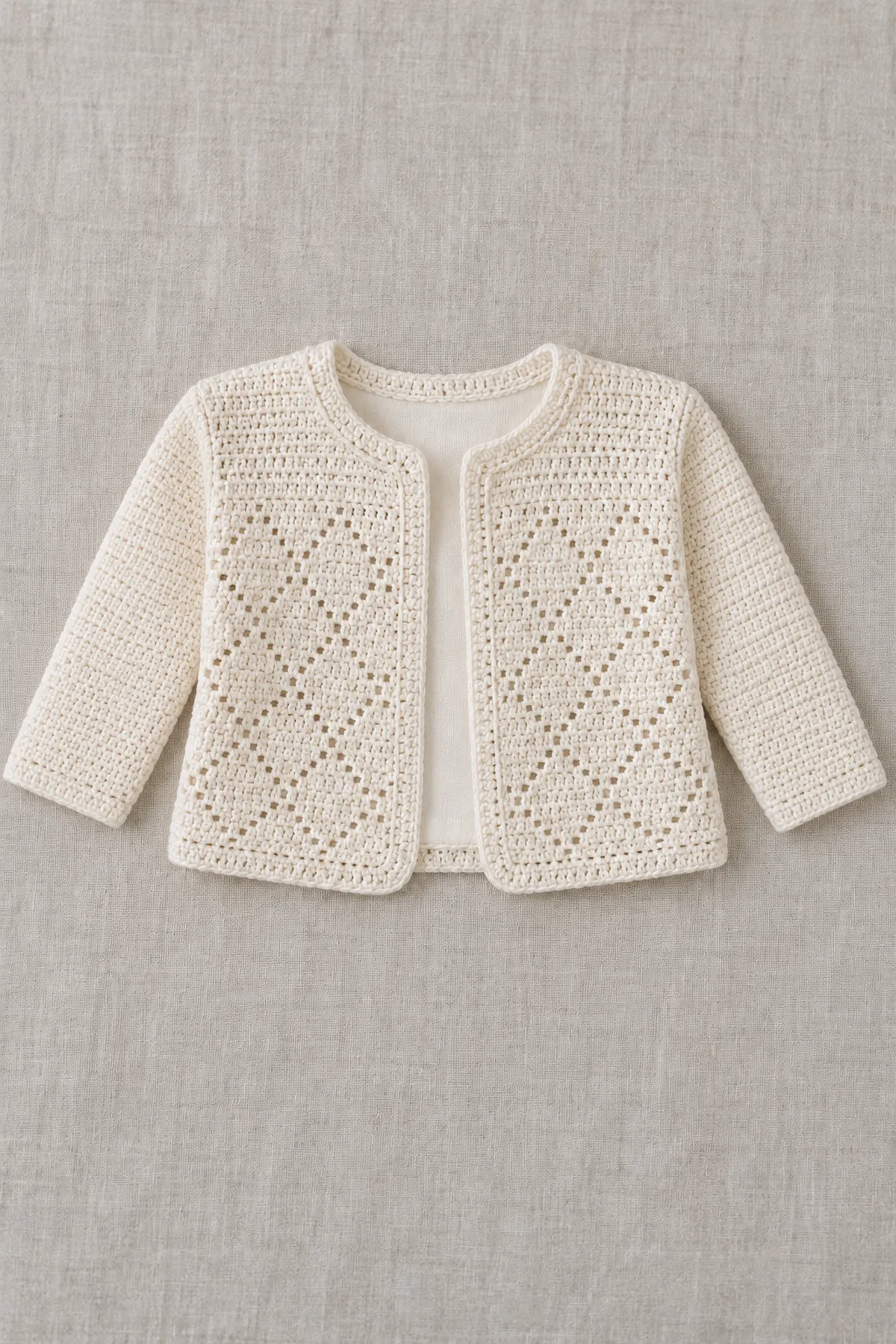 Ivory fine cotton cropped crochet baby cardigan with dense tiny diamond filet windows in straight body panels, solid shoulder strips, plain three-quarter sleeves, open front over smooth fitted ivory underlayer, no child