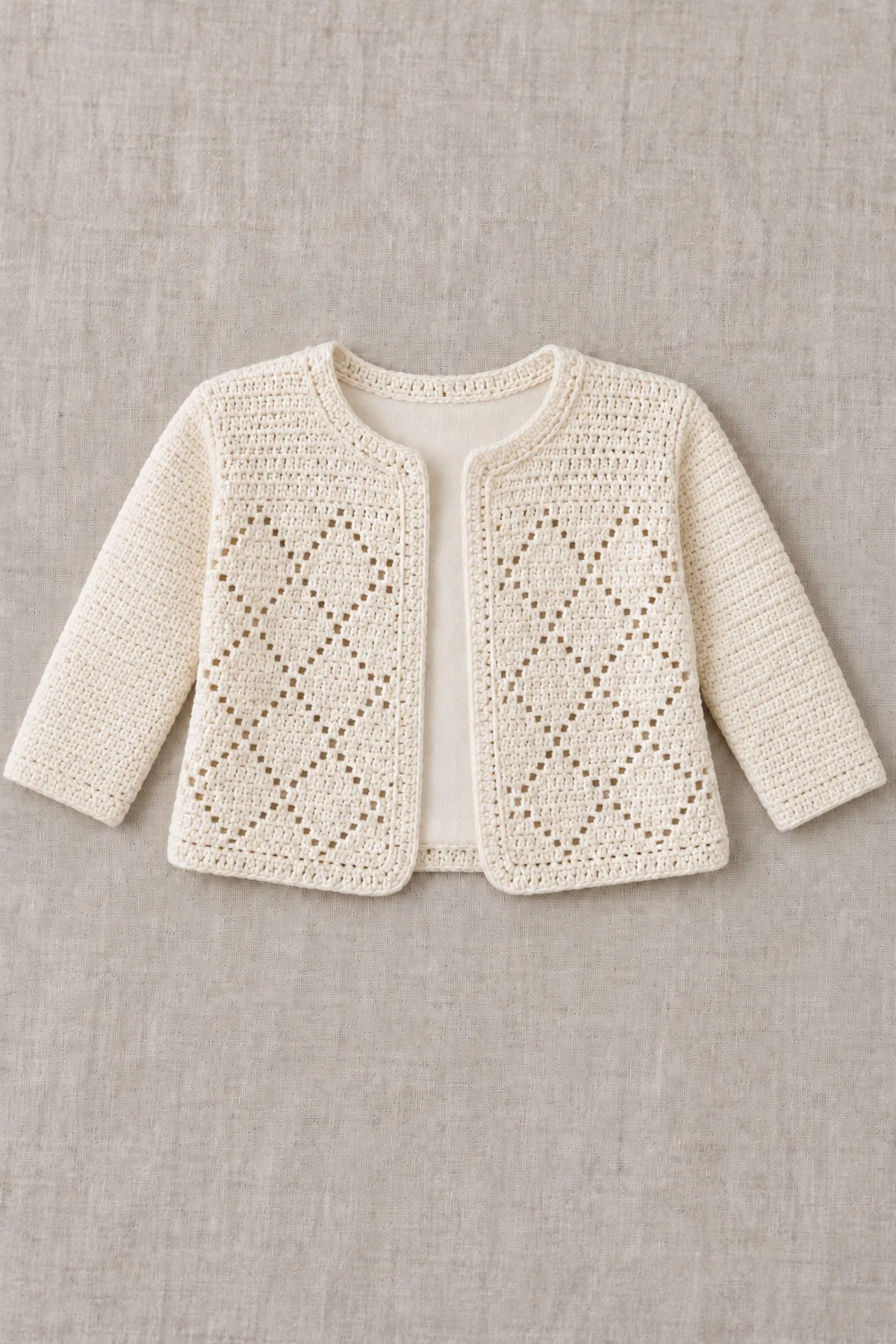 Finished ivory tiny-diamond filet cropped open cardigan with plain three-quarter sleeves over smooth fitted ivory underlayer on linen, no baby or mannequin