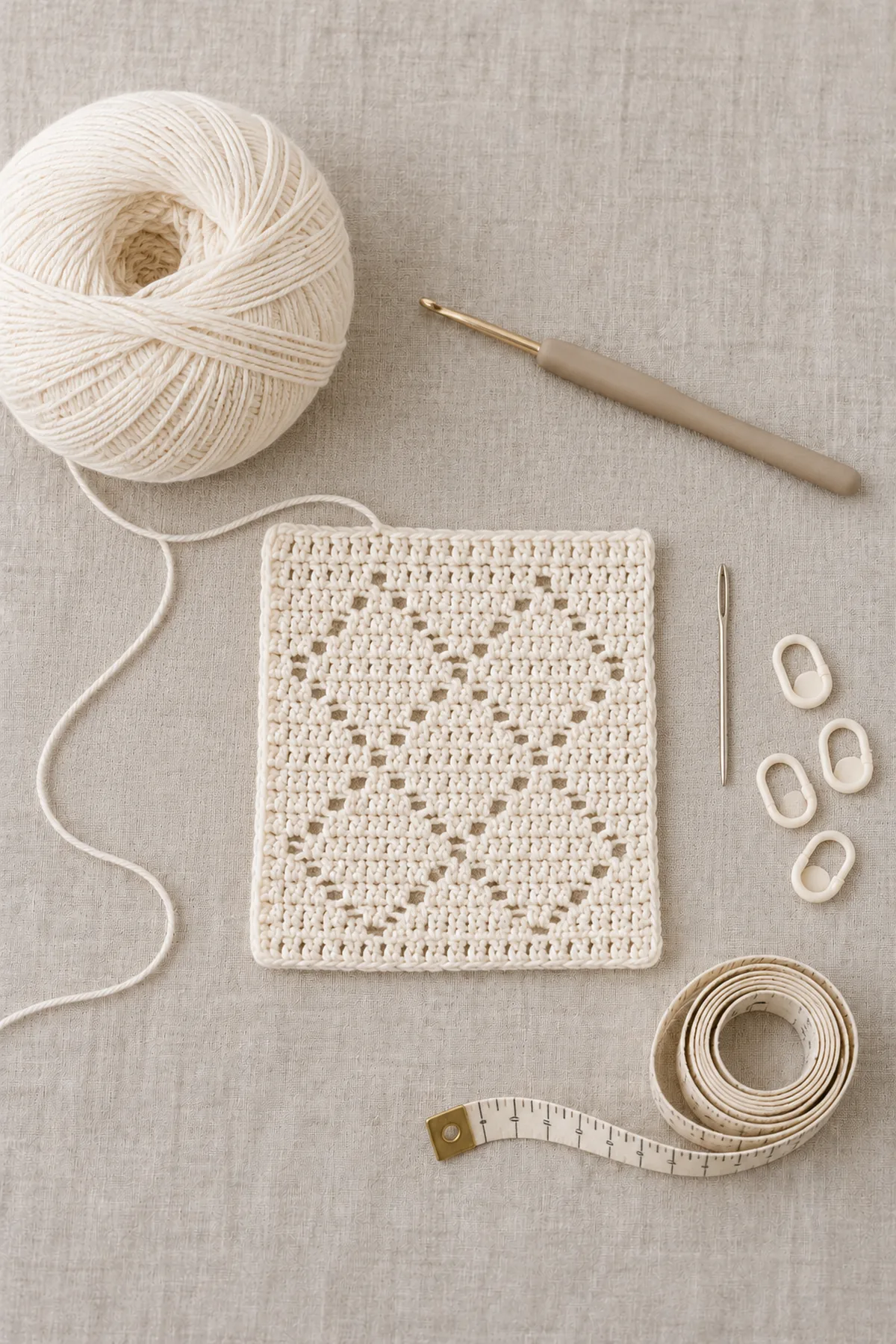 Ivory fine sport cotton, small crochet hook, tiny one-chain diamond filet swatch, markers and measuring tape
