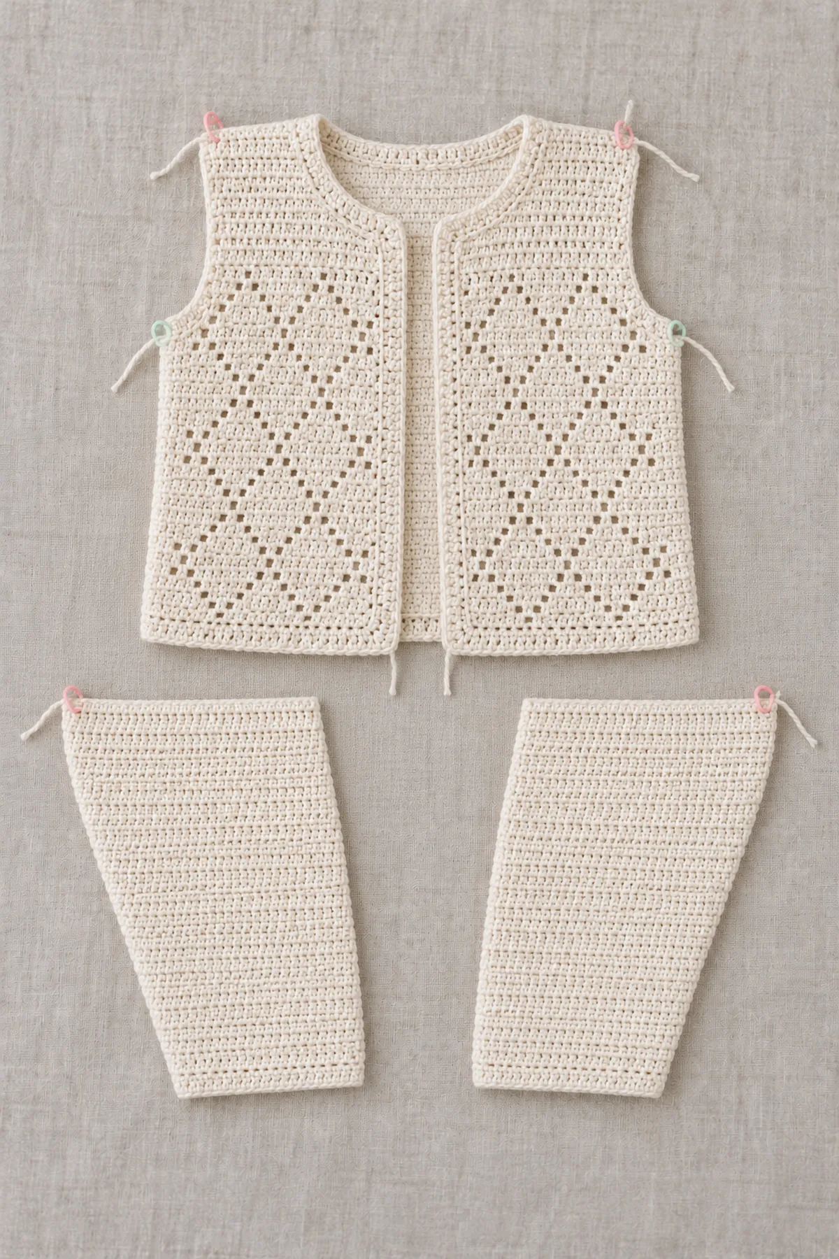 Basted ivory tiny-diamond filet cropped body with two separate plain tapered three-quarter sleeve panels before sleeve insertion