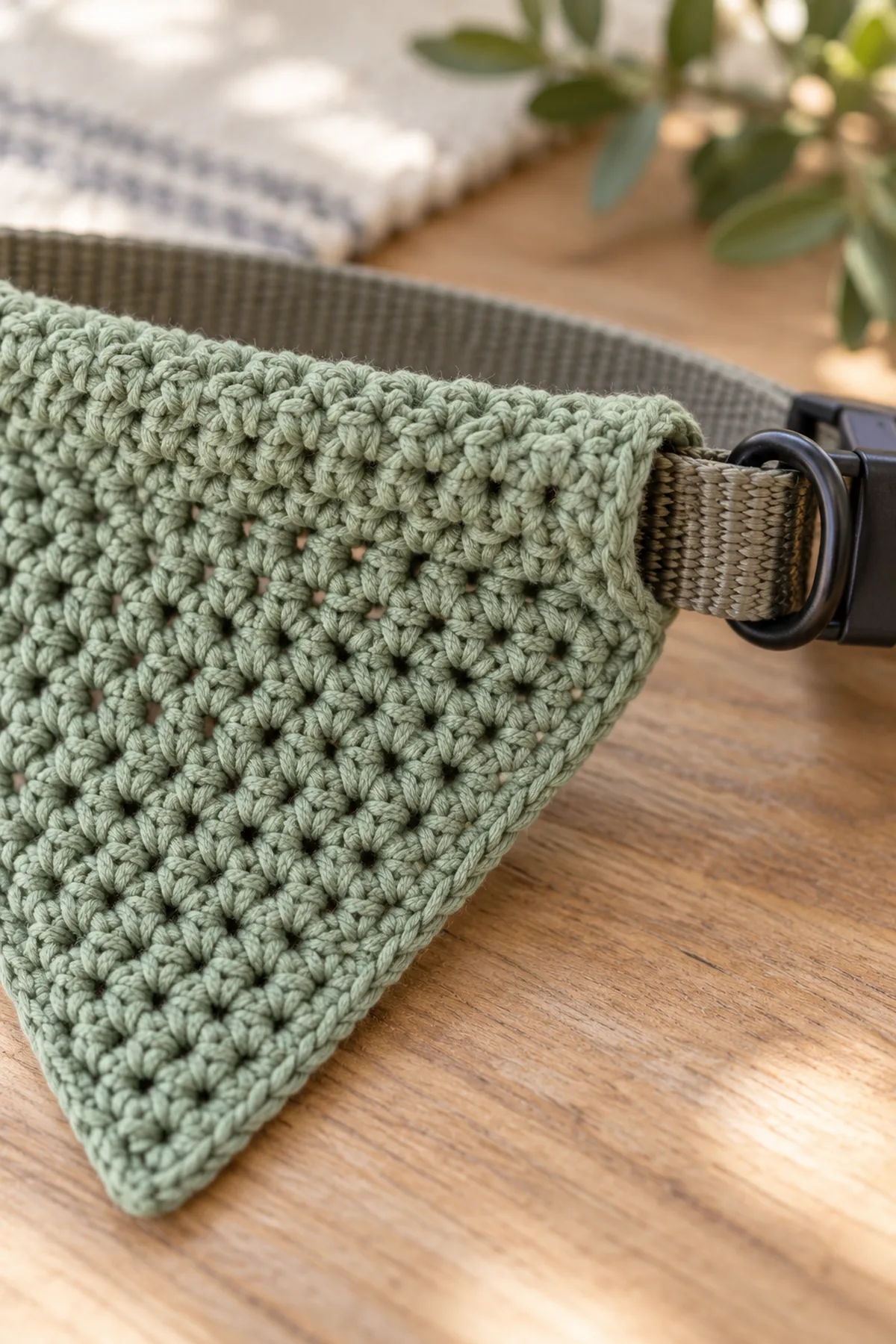 Close view of a flat dog collar passing through sewn crochet tunnel above a sage triangular bandana, sturdy seam and unobstructed buckle