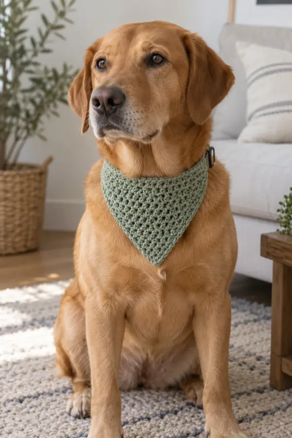 Original sage worsted-cotton crochet dog bandana with crisp triangle and folded full-width collar tunnel threaded onto a flat collar, displayed beside a calm adult dog, no neck ties