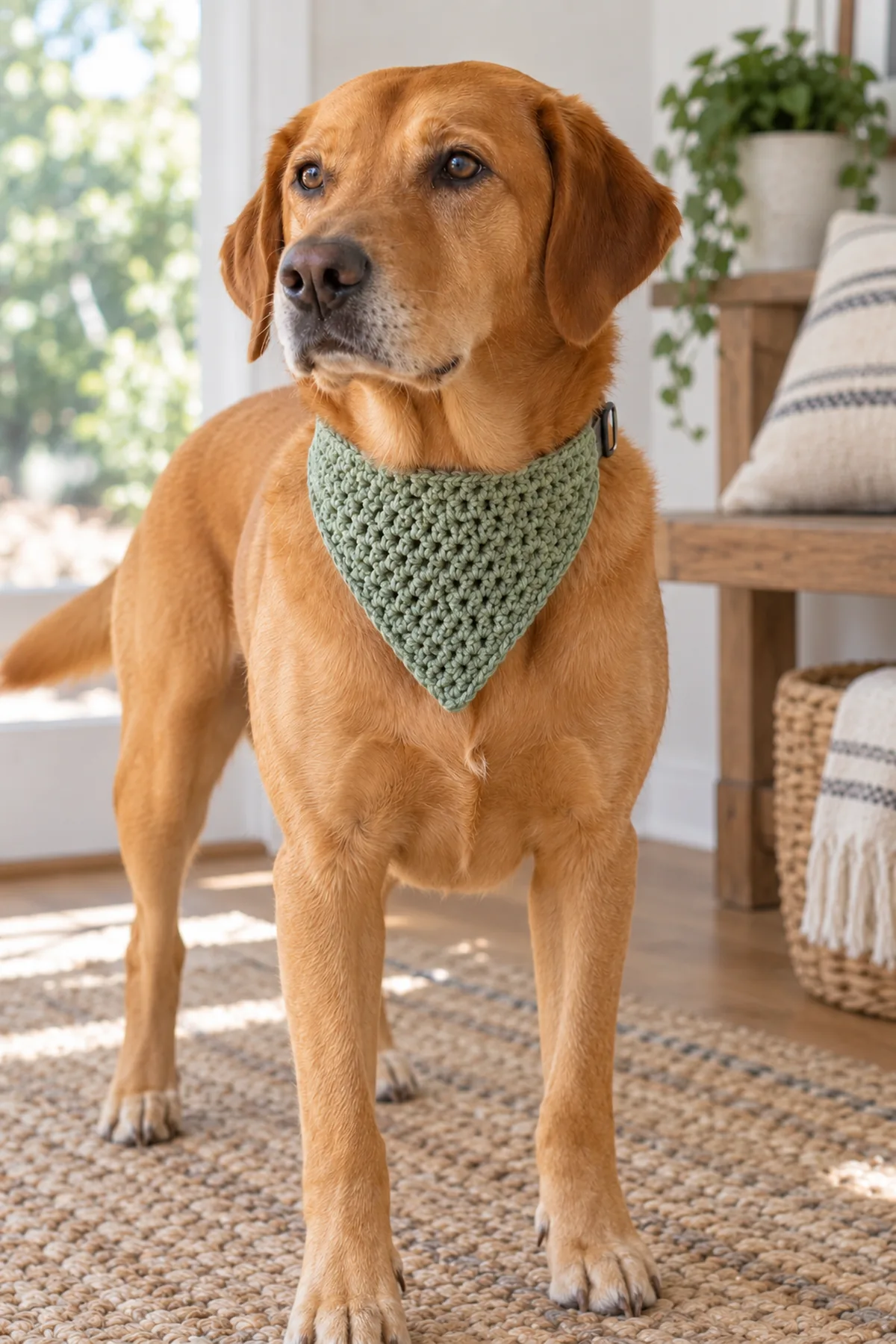 Relaxed adult dog wearing a sage triangular crochet bandana safely threaded on its existing flat collar, no dangling tie or tassel
