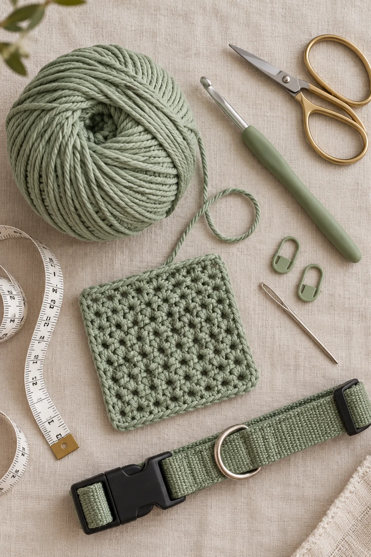 Sage cotton yarn, crochet hook, measuring tape, markers, needle, scissors and an existing flat dog collar for a crochet pet bandana