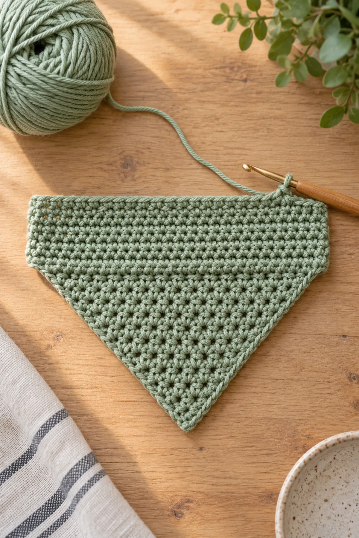 Flat eight-row sage crochet top band with 40 single crochet stitches and a partly decreasing triangle below it, laid on table